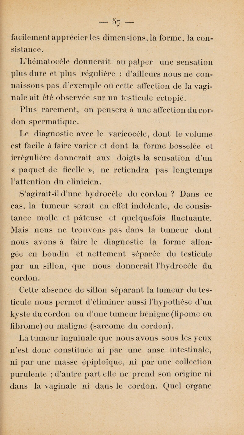 facilement apprécier les dimensions, la forme, la con¬ sistance. L’hématocèle donnerait au palper une sensation plus dure et plus régulière : cFailleurs nous ne con¬ naissons pas d’exemple où cette affection de la vagi¬ nale ait été observée sur un testicule ectopié. Plus rarement, on pensera à une affection du cor¬ don spermatique. Le diagnostic avec le varicocèle, dont le volume est facile à faire varier et dont la forme bosselée et irrégulière donnerait aux doigts la sensation d’un « paquet de ficelle », ne retiendra pas longtemps b attention du clinicien. S’agirait-il d’une hydrocèle du cordon ? Dans ce cas, la tumeur serait en effet indolente, de consis¬ tance molle et pâteuse et quelquefois fluctuante. Mais nous ne trouvons pas dans la tumeur dont nous avons à faire le diagnostic la forme allon¬ gée en boudin et nettement séparée du testicule par un sillon, que nous donnerait l'hydrocèle du cordon. Cette absence de sillon séparant la tumeur du tes¬ ticule nous permet d’éliminer aussi l’hypothèse d’un kyste du cordon ou d’une tumeur bénigne (lipome ou fibrome) ou maligne (sarcome du cordon). La tumeur inguinale que nous avons sous les yeux n’est donc constituée ni par une anse intestinale, ni par une masse épiploïque, ni par une collection purulente ; d’autre part elle ne prend son origine ni dans la vaginale ni dans le cordon. Quel organe