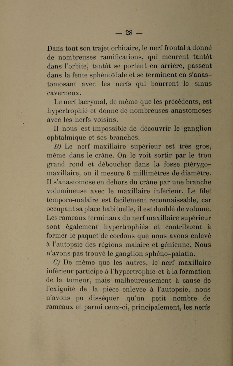 Dans tout son trajet orbitaire, le nerf frontal a donné de nombreuses ramifications, qui meurent tantôt dans l’orbite, tantôt se portent en arrière, passent dans la fente sphénoïdale et se terminent en s’anas¬ tomosant avec les nerfs qui bourrent le sinus caverneux. Le nerf lacrymal, de même que les précédents, est' hypertrophié et donne de nombreuses anastomoses avec les nerfs voisins. Il nous est impossible de découvrir le ganglion ophtalmique et ses branches. B) Le nerf maxillaire supérieur est très gros, même dans le crâne. On le voit sortir par le trou grand rond et déboucher dans la fosse ptérygo- maxillaire, où il mesure 6 millimètres de diamètre. Il s’anastomose en dehors du crâne par une branche volumineuse avec le maxillaire inférieur. Le fdet temporo-malaire est facilement reconnaissable, car occupant sa place habituelle, il est doublé de volume. Les rameaux terminaux du nerf maxillaire supérieur sont également hypertrophiés et contribuent à former le paquet'de cordons que nous avons enlevé à l’autopsie des régions malaire et génienne. Nous n’avons pas trouvé le ganglion sphéno-palatin. C) De même que les autres, le nerf maxillaire inférieur participe à l’hypertrophie et à la formation de la tumeur, mais malheureusement à cause de l’exiguité de la pièce enlevée à l’autopsie, nous n’avons pu disséquer qu’un petit nombre de rameaux et parmi ceux-ci, principalement, les nerfs