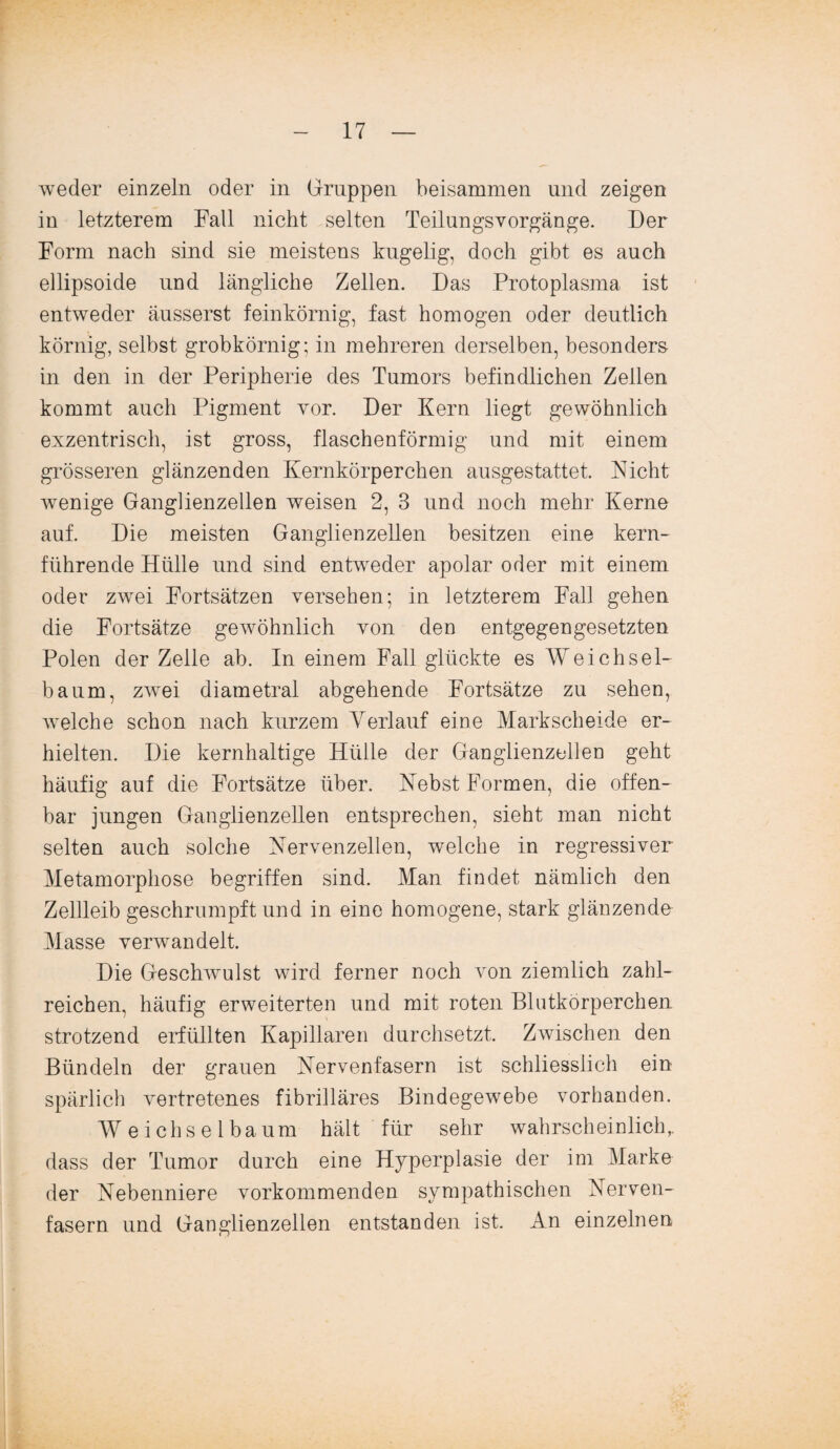 weder einzeln oder in Gruppen beisammen und zeigen in letzterem Fall nicht selten Teilungsvorgänge. Der Form nach sind sie meistens kugelig, doch gibt es auch ellipsoide und längliche Zellen. Das Protoplasma ist entweder äusserst feinkörnig, fast homogen oder deutlich körnig, selbst grobkörnig; in mehreren derselben, besonders¬ in den in der Peripherie des Tumors befindlichen Zellen kommt auch Pigment vor. Der Kern liegt gewöhnlich exzentrisch, ist gross, flaschenförmig und mit einem grösseren glänzenden Kernkörperchen ausgestattet. Nicht wenige Ganglienzellen weisen 2, 3 und noch mehr Kerne auf. Die meisten Ganglienzellen besitzen eine kern¬ führende Hülle und sind entweder apolar oder mit einem oder zwei Fortsätzen versehen; in letzterem Fall gehen die Fortsätze gewöhnlich von den entgegengesetzten Polen der Zelle ab. In einem Fall glückte es Weichsel¬ baum, zwei diametral abgehende Fortsätze zu sehen, welche schon nach kurzem Verlauf eine Markscheide er¬ hielten. Die kernhaltige Hülle der Ganglienzellen geht häufig auf die Fortsätze über. Nebst Formen, die offen¬ bar jungen Ganglienzellen entsprechen, sieht man nicht selten auch solche Nervenzellen, welche in regressiver Metamorphose begriffen sind. Man findet nämlich den Zellleib geschrumpft und in eine homogene, stark glänzende Masse verwandelt. Die Geschwulst wird ferner noch von ziemlich zahl¬ reichen, häufig erweiterten und mit roten Blutkörperchen strotzend erfüllten Kapillaren durchsetzt. Zwischen den Bündeln der grauen Nervenfasern ist schliesslich ein spärlich vertretenes fibrilläres Bindegewebe vorhanden. Weichsel bäum hält für sehr wahrscheinlich,, dass der Tumor durch eine Hyperplasie der im Marke der Nebenniere vorkommenden sympathischen Nerven¬ fasern und Ganglienzellen entstanden ist. An einzelnen