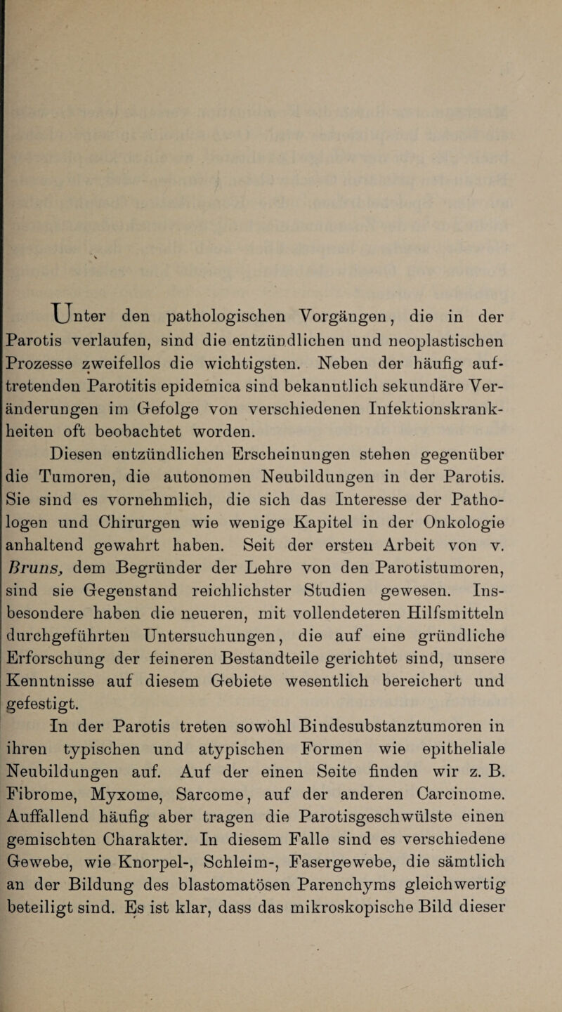 Unter den pathologischen Vorgängen, die in der Parotis verlaufen, sind die entzündlichen und neoplastischen Prozesse zweifellos die wichtigsten. Neben der häufig auf¬ tretenden Parotitis epidemica sind bekanntlich sekundäre Ver¬ änderungen im Gefolge von verschiedenen Infektionskrank¬ heiten oft beobachtet worden. Diesen entzündlichen Erscheinungen stehen gegenüber die Tumoren, die autonomen Neubildungen in der Parotis. Sie sind es vornehmlich, die sich das Interesse der Patho¬ logen und Chirurgen wie wenige Kapitel in der Onkologie anhaltend gewahrt haben. Seit der ersten Arbeit von v. Bruns, dem Begründer der Lehre von den Parotistumoren, sind sie Gegenstand reichlichster Studien gewesen. Ins¬ besondere haben die neueren, mit vollendeteren Hilfsmitteln durchgeführten Untersuchungen, die auf eine gründliche Erforschung der feineren Bestandteile gerichtet sind, unsere Kenntnisse auf diesem Gebiete wesentlich bereichert und gefestigt. In der Parotis treten sowohl Bindesubstanztumoren in ihren typischen und atypischen Formen wie epitheliale Neubildungen auf. Auf der einen Seite finden wir z. B. Fibrome, Myxome, Sarcome, auf der anderen Carcinome. Auffallend häufig aber tragen die Parotisgeschwülste einen gemischten Charakter. In diesem Falle sind es verschiedene Gewebe, wie Knorpel-, Schleim-, Fasergewebe, die sämtlich an der Bildung des blastomatösen Parenchyms gleichwertig beteiligt sind. Es ist klar, dass das mikroskopische Bild dieser