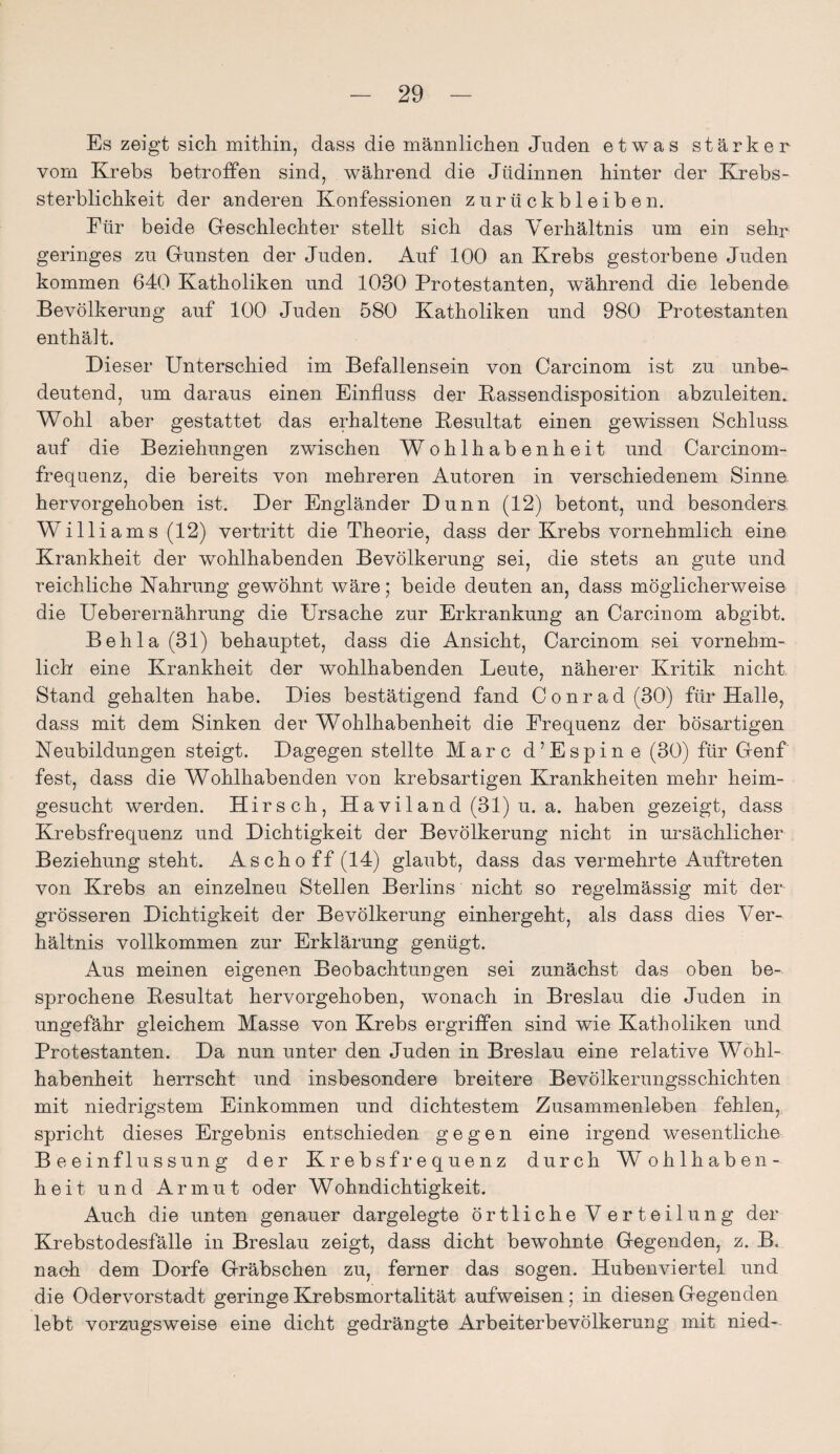 Es zeigt sich mithin, dass die männlichen Juden etwas stärker vom Krebs betroffen sind, während die Jüdinnen hinter der Krebs¬ sterblichkeit der anderen Konfessionen Zurückbleiben. Für beide Geschlechter stellt sich das Verhältnis um ein sehr geringes zu Gunsten der Juden. Auf 100 an Krebs gestorbene Juden kommen 640 Katholiken und 1030 Protestanten, während die lebende Bevölkerung auf 100 Juden 580 Katholiken und 980 Protestanten enthält. Dieser Unterschied im Befallensein von Carcinom ist zu unbe¬ deutend, um daraus einen Einfluss der Kassendisposition abzuleiten. Wohl aber gestattet das erhaltene Kesultat einen gewissen Schluss auf die Beziehungen zwischen Wohlhabenheit und Carcinom- frequenz, die bereits von mehreren Autoren in verschiedenem Sinne, hervorgehoben ist. Der Engländer Dünn (12) betont, und besonders. Williams (12) vertritt die Theorie, dass der Krebs vornehmlich eine Krankheit der wohlhabenden Bevölkerung sei, die stets an gute und reichliche Nahrung gewöhnt wäre; beide deuten an, dass möglicherweise die Ueberernährung die Ursache zur Erkrankung an Carcinom abgibt. Behla (31) behauptet, dass die Ansicht, Carcinom sei vornehm¬ lich eine Krankheit der wohlhabenden Leute, näherer Kritik nicht Stand gehalten habe. Dies bestätigend fand Conrad (30) für Halle, dass mit dem Sinken der Wohlhabenheit die Frequenz der bösartigen Neubildungen steigt. Dagegen stellte Marc d’Espine (30) für Genf fest, dass die Wohlhabenden von krebsartigen Krankheiten mehr heim¬ gesucht werden. Hirsch, Haviland (31) u. a. haben gezeigt, dass Krebsfrequenz und Dichtigkeit der Bevölkerung nicht in ursächlicher Beziehung steht. Aschoff(14) glaubt, dass das vermehrte Auftreten von Krebs an einzelneu Stellen Berlins nicht so regelmässig mit der grösseren Dichtigkeit der Bevölkerung einhergeht, als dass dies Ver¬ hältnis vollkommen zur Erklärung genügt. Aus meinen eigenen Beobachtungen sei zunächst das oben be¬ sprochene Kesultat hervorgehoben, wonach in Breslau die Juden in ungefähr gleichem Masse von Krebs ergriffen sind wie Katholiken und Protestanten. Da nun unter den Juden in Breslau eine relative Wohl¬ habenheit herrscht und insbesondere breitere Bevölkerungsschichten mit niedrigstem Einkommen und dichtestem Zusammenleben fehlen, spricht dieses Ergebnis entschieden gegen eine irgend wesentliche Beeinflussung der Krebsfrequenz durch Wohlhaben¬ heit und Armut oder Wohndichtigkeit. Auch die unten genauer dargelegte örtliche Verteilung der Krebstodesfälle in Breslau zeigt, dass dicht bewohnte Gegenden, z. B. nach dem Dorfe Gräbschen zu, ferner das sogen. Hubenviertel und die Odervorstadt geringe Krebsmortalität aufweisen; in diesen Gegenden lebt vorzugsweise eine dicht gedrängte Arbeiterbevölkerung mit nied-