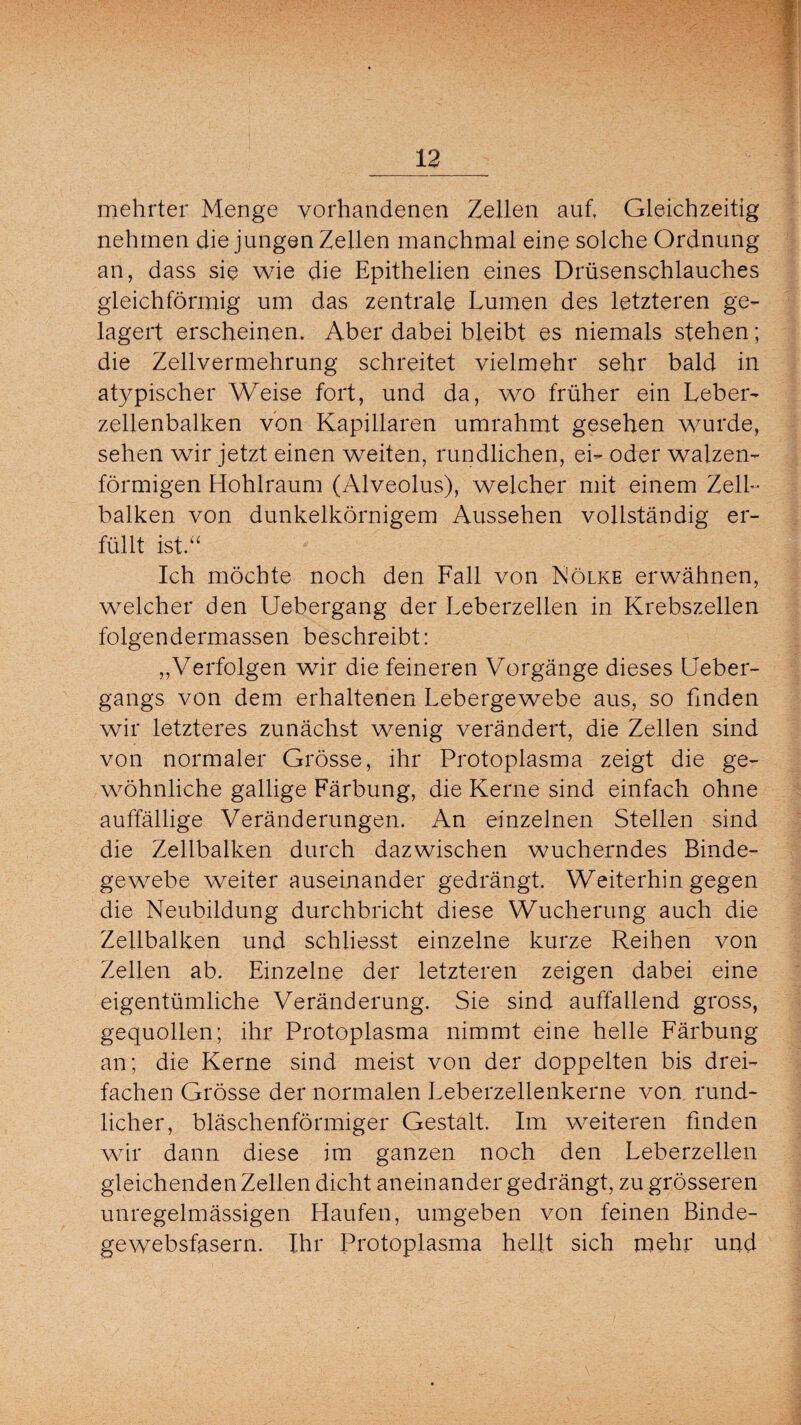 mehrter Menge vorhandenen Zellen auf, Gleichzeitig nehmen die jungen Zellen manchmal eine solche Ordnung an, dass sie wie die Epithelien eines Drüsenschlauches gleichförmig um das zentrale Lumen des letzteren ge¬ lagert erscheinen. Aber dabei bleibt es niemals stehen; die Zellvermehrung schreitet vielmehr sehr bald in atypischer Weise fort, und da, wo früher ein Leber¬ zellenbalken von Kapillaren umrahmt gesehen wurde, sehen wir jetzt einen weiten, rundlichen, ei- oder walzen¬ förmigen Hohlraum (Alveolus), welcher mit einem Zell- balken von dunkelkörnigem Aussehen vollständig er¬ füllt ist.“ Ich möchte noch den Fall von Mölke erwähnen, welcher den Uebergang der Leberzellen in Krebszellen folgendermassen beschreibt: „Verfolgen wir die feineren Vorgänge dieses Ueber- gangs von dem erhaltenen Lebergewebe aus, so finden wir letzteres zunächst wenig verändert, die Zellen sind von normaler Grösse, ihr Protoplasma zeigt die ge¬ wöhnliche gallige Färbung, die Kerne sind einfach ohne auffällige Veränderungen. An einzelnen Stellen sind die Zellbalken durch dazwischen wucherndes Binde¬ gewebe weiter auseinander gedrängt. Weiterhin gegen die Neubildung durchbricht diese Wucherung auch die Zellbalken und schiiesst einzelne kurze Reihen von Zellen ab. Einzelne der letzteren zeigen dabei eine eigentümliche Veränderung. Sie sind auffallend gross, gequollen; ihr Protoplasma nimmt eine helle Färbung an; die Kerne sind meist von der doppelten bis drei¬ fachen Grösse der normalen Leberzellenkerne von rund¬ licher, bläschenförmiger Gestalt. Im weiteren finden wir dann diese im ganzen noch den Leberzellen gleichenden Zellen dicht aneinander gedrängt, zu grösseren unregelmässigen Haufen, umgeben von feinen Binde¬ gewebsfasern. Ihr Protoplasma hellt sich mehr und