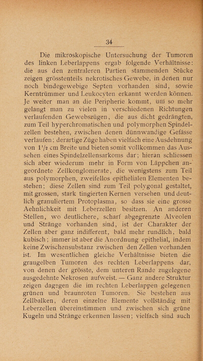 Die mikroskopische Untersuchung der Tumoren des linken Leberlappens ergab folgende Verhältnisse: die aus den zentraleren Partien stammenden Stücke zeigen grösstenteils nekrotisches Gewebe, in denen nur noch bindegewebige Septen vorhanden sind, sowie Kerntrümmer und Leukocyten erkannt werden können. Je weiter man an die Peripherie kommt, ütii so mehr gelangt man zu vielen in verschiedenen Richtungen verlaufenden Gewebszügen, die aus dicht gedrängten, zum Teil hyperchromatischen und polymorphen Spindel¬ zellen bestehen, zwischen denen dünnwandige Gefässe verlaufen; derartige Züge haben vielfach eine Ausdehnung von U/2 cm Breite und bieten somit vollkommen das Aus¬ sehen eines Spindelzellensarkoms dar; hieran schliessen sich aber wiederum mehr in Form von Läppchen an¬ geordnete Zellkonglomerate, die wenigstens zum Teil aus polymorphen, zweifellos epithelialen Elementen be¬ stehen; diese Zellen sind zum Teil polygonal gestaltet, mit grossen, stark fingierten Kernen versehen und deut¬ lich granuliertem Protoplasma, so dass sie eine grosse Aehnlichkeit mit Leberzellen besitzen. An anderen Stellen, wo deutlichere, scharf abgegrenzte Alveolen und Stränge vorhanden sind, ist der Charakter der Zellen aber ganz indifferent, bald mehr rundlich, bald kubisch ; immer ist aber die Anordnung epithelial, indem keine Zwischensubstanz zwischen den Zellen vorhanden ist. Im wesentlichen gleiche Verhältnisse bieten die graugelben Tumoren des rechten Leberlappens dar, von denen der grösste, dem unteren Rande zugelegene ausgedehnte Nekrosen aufweist. — Ganz andere Struktur zeigen dagegen die im rechten Leberlappen gelegenen grünen und braunroten Tumoren. Sie bestehen aus Zellbalken, deren einzelne Elemente vollständig mit Leberzellen übereinstimmen und zwischen sich grüne Kugeln und Stränge erkennen lassen; vielfach sind auch