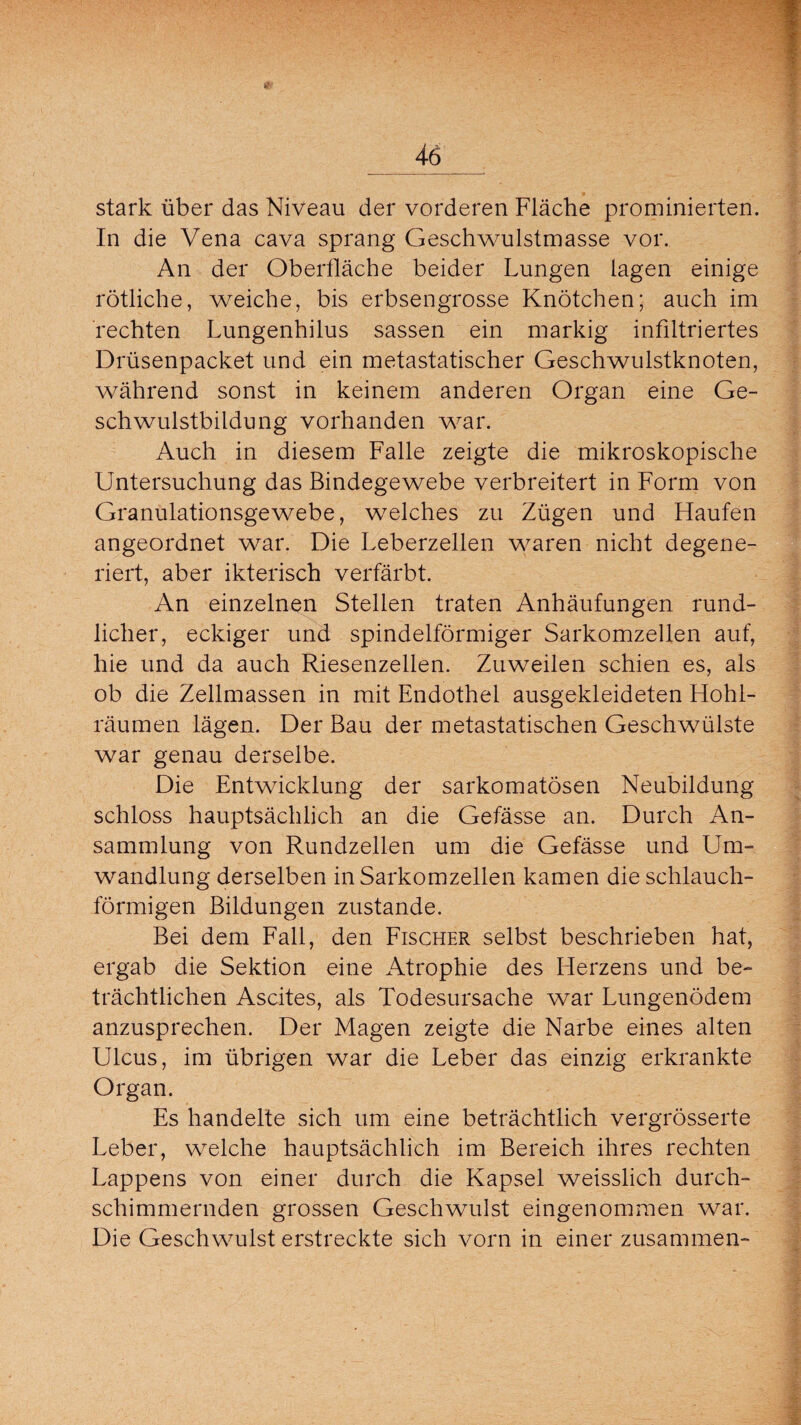 stark über das Niveau der vorderen Fläche prominierten. In die Vena cava sprang Geschwulstmasse vor. An der Oberfläche beider Lungen lagen einige rötliche, weiche, bis erbsengrosse Knötchen; auch im rechten Lungenhilus sassen ein markig infiltriertes Drüsenpacket und ein metastatischer Geschwulstknoten, während sonst in keinem anderen Organ eine Ge¬ schwulstbildung vorhanden war. Auch in diesem Falle zeigte die mikroskopische Untersuchung das Bindegewebe verbreitert in Form von Granulationsgewebe, welches zu Zügen und Haufen angeordnet war. Die Leberzellen waren nicht degene¬ riert, aber ikterisch verfärbt. An einzelnen Stellen traten Anhäufungen rund¬ licher, eckiger und spindelförmiger Sarkomzellen auf, hie und da auch Riesenzellen. Zuweilen schien es, als ob die Zellmassen in mit Endothel ausgekleideten Hohl¬ räumen lägen. Der Bau der metastatischen Geschwülste war genau derselbe. Die Entwicklung der sarkomatösen Neubildung schloss hauptsächlich an die Gefässe an. Durch An¬ sammlung von Rundzellen um die Gefässe und Um¬ wandlung derselben in Sarkomzellen kamen die schlauch¬ förmigen Bildungen zustande. Bei dem Fall, den Fischer selbst beschrieben hat, ergab die Sektion eine Atrophie des Herzens und be¬ trächtlichen Ascites, als Todesursache war Lungenödem anzusprechen. Der Magen zeigte die Narbe eines alten Ulcus, im übrigen war die Leber das einzig erkrankte Organ. Es handelte sich um eine beträchtlich vergrösserte Leber, welche hauptsächlich im Bereich ihres rechten Lappens von einer durch die Kapsel weisslich durch¬ schimmernden grossen Geschwulst eingenommen war. Die Geschwulst erstreckte sich vorn in einer zusammen-