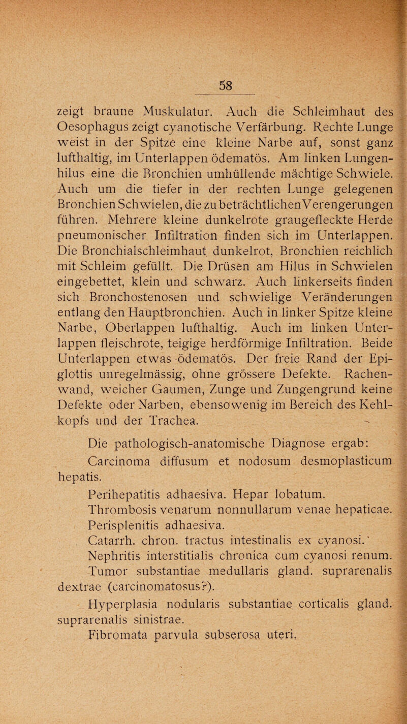 zeigt braune Muskulatur. Auch die Schleimhaut des Oesophagus zeigt cyanotische Verfärbung. Rechte Lunge weist in der Spitze eine kleine Narbe auf, sonst ganz lufthaltig, im Unterlappen ödematös. Am linken Lungen- hilus eine die Bronchien umhüllende mächtige Schwiele. Auch um die tiefer in der rechten Lunge gelegenen Bronchien Schwielen, die zu beträchtlichen Verengerungen führen. Mehrere kleine dunkelrote graugefleckte Herde pneumonischer Infiltration finden sich im Unterlappen. Die Bronchialschleimhaut dunkelrot, Bronchien reichlich mit Schleim gefüllt. Die Drüsen am Hilus in Schwielen eingebettet, klein und schwarz. Auch linkerseits finden sich Bronchostenosen und schwielige Veränderungen entlang den Hauptbronchien. Auch in linker Spitze kleine Narbe, Oberlappen lufthaltig. Auch im linken Unter¬ lappen fleischrote, teigige herdförmige Infiltration. Beide Unterlappen etwas ödematös. Der freie Rand der Epi¬ glottis unregelmässig, ohne grössere Defekte. Rachen¬ wand, weicher Gaumen, Zunge und Zungengrund keine Defekte oder Narben, ebensowenig im Bereich des Kehl¬ kopfs und der Trachea. Die pathologisch-anatomische Diagnose ergab: Carcinoma diffusum et nodosum desmoplasticum hepatis. Perihepatitis adhaesiva. Hepar lobatum. Thrombosis venarum nonnullarum venae hepaticae. Perisplenitis adhaesiva. Catarrh. chron. tractus intestinalis ex cyanosi.* Nephritis interstitialis chronica cum cyanosi renum. Tumor substantiae medullaris gland. suprarenalis dextrae (carcinomatosus?). Hyperplasia nodularis substantiae corticalis gland. suprarenalis sinistrae. Fibroinata parvula subserosa uterk