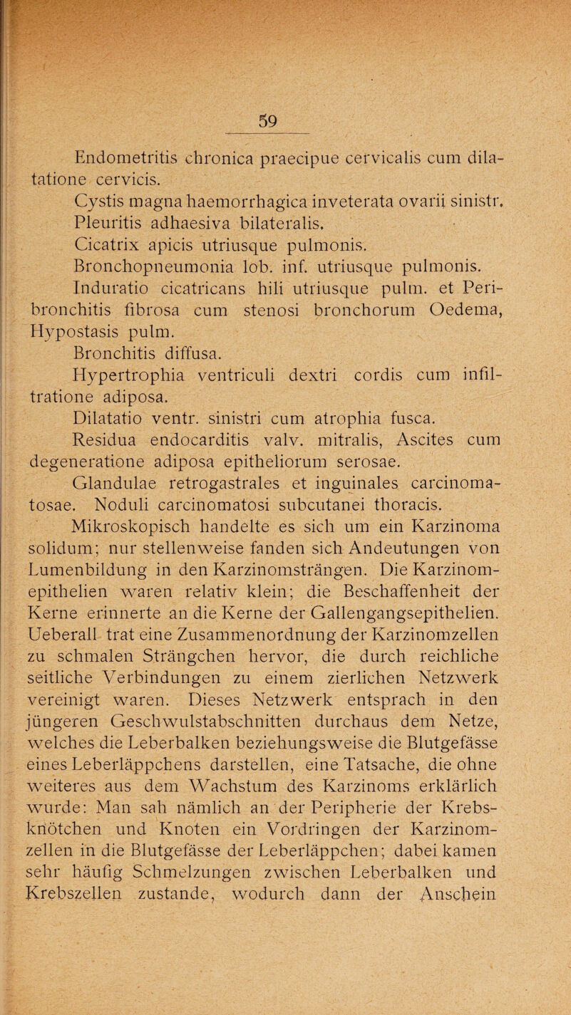 Endometritis chronica praecipue cervicalis cum dila- tatione cervicis. Cystis magna haemorrhagica inveterata ovarii sinistr, Pleuritis adhaesiva bilateralis, Cicatrix apicis utriusque pulmonis. Bronchopneumonia lob. inf. utriusque pulmonis. Induratio cicatricans hili utriusque pulm. et Peri¬ bronchitis fibrosa cum stenosi bronchorum Oedema, Hypostasis pulm. Bronchitis diffusa. Hypertrophia ventriculi dextri cordis cum infll- tratione adiposa. Dilatatio ventr. sinistri cum atrophia fusca. Residua endocarditis valv. mitralis, Ascites cum degeneratione adiposa epitheliorum serosae. Glandulae retrogastrales et inguinales carcinoma- tosae. Noduli carcinomatosi subcutanei thoracis. Mikroskopisch handelte es sich um ein Karzinoma solidum; nur stellenweise fanden sich Andeutungen von Lumenbildung in den Karzinomsträngen. Die Karzinom- epithelien waren relativ klein; die Beschaffenheit der Kerne erinnerte an die Kerne der Gallengangsepithelien. Ueberall trat eine Zusammenordnung der Karzinomzellen zu schmalen Strängchen hervor, die durch reichliche seitliche Verbindungen zu einem zierlichen Netzwerk vereinigt waren. Dieses Netzwerk entsprach in den jüngeren Geschwulstabschnitten durchaus dem Netze, welches die Leberbalken beziehungsweise die Blutgefässe eines Leberläppchens darstellen, eine Tatsache, die ohne weiteres aus dem Wachstum des Karzinoms erklärlich wurde: Man sah nämlich an der Peripherie der Krebs¬ knötchen und Knoten ein Vordringen der Karzinom¬ zellen in die Blutgefässe der Leberläppchen; dabei kamen sehr häufig Schmelzungen zwischen Leberbalken und Krebszellen zustande, wodurch dann der Anschein