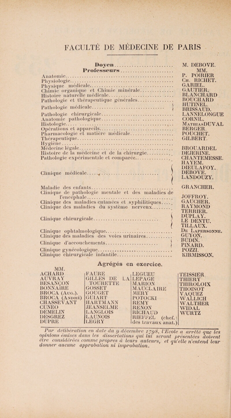Doyen. . Professeurs. Anatomie. Physiologie. Physique médicale. Chimie organique et Chimie minérale... Histoire naturelle médicale. Pathologie et thérapeutique générales...; Pathologie médicale. Pathologie chirurgicale. xVnatomie pathologique. . Histologie. Opérations et appareils. Pharmacologie et matière médicale. Thérapeutique. Hygiène. Médecine légale. Histoire de la médecine et de la chirurgie Pathologie expérimentale et comparée. Clinique médicale Maladie des enfants Clinique de pathologie mentale et des maladies de l’encéphale. Clinicj[ue des maladies cutanées et syiihilitiques..... Clinique des maladies du système nerveux. Clinic[ue chirurgicale. Clinicjue ophtalmologique Clinique des maladies des voies urinaires Clinique d’accouchements. Clinicj[ue gynécologicjue.. Clinique chirurgicale infantile. M. DEBOVE. MM. ■ P. POIRIER Cii. RICHET. GARIEL. GAUTIER. BLANCHARD BOUCHARD HUTINEL. BRISSAUD. LANNELONGUE CORNIL. MathiasDUVAL BERGER. POUCHET. GILBERT. BROUARDEL DEJERINE. CHANTEMESSE. HAYEM. DIEULAFOY. DEBOVE. LANDOUZY. GRANCHER. JOFFROY. GAUCHER. RAYMOND TERRIER. DUPLAY. LE DENTU. TILLAUX. De Lapersonne. GUYON. BUDIN. PINARD. POZZL KIRMISSON. MM. Agrégés en exercice. ACHARD FAURE LEGUEU AUVRAY GILLES DE LA LEPAGE BESANÇON TOURETTE MARION BONNAIRE GOSSET MAUCLAIRE BROCA (Aug.). GOUGET MERY BROCA (André) GUIART POTOCKI CHASSE VANT HARTMANN REMY CUNEO JE ANSE LME RE NON DEMELIN LANGLOIS RICHAUD DESGREZ LAUNOIS RIEFFEL (chef. ^ DUPRE LEGRY des travaux anat.) TEISSIËR THIERY THIROLOIX THOINOT VAQUEZ WALLICH VYALTHER VYIDAL WURTZ 1 CIP cléLihépcitioJc gii, clcitG du c^ dGCGiiïbPG iVEcoLg cl clppgLg ciixc Igs opinions éinisGS clans Igs dissertations qui lui seront présentées doivent être eonsidérées coimne propres a leurs auteursj et cfii’elle n’entend leur donner aucune approbation ni improbation.