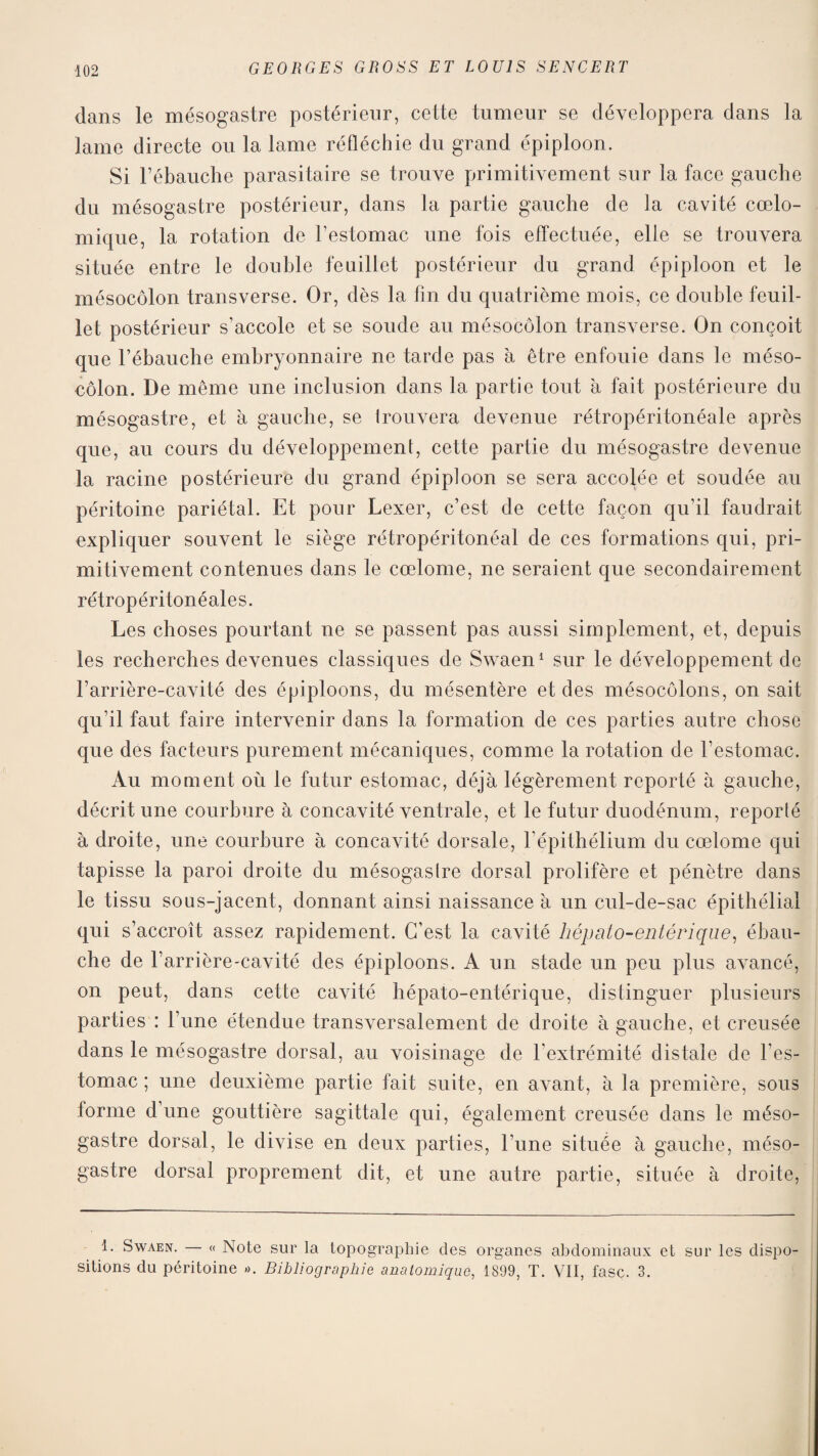 dans le mésogastre postérieur, cette tumeur se développera dans la lame directe ou la lame réfléchie du grand épiploon. Si l’ébauche parasitaire se trouve primitivement sur la face gauche du mésogastre postérieur, dans la partie gauche de la cavité cœlo¬ mique, la rotation de l’estomac une fois effectuée, elle se trouvera située entre le double feuillet postérieur du grand épiploon et le mésocôlon transverse. Or, dès la fin du quatrième mois, ce double feuil¬ let postérieur s’accole et se soude au mésocôlon transverse. On conçoit que l’ébauche embryonnaire ne tarde pas à être enfouie dans le méso¬ côlon. De même une inclusion dans la partie tout à fait postérieure du mésogastre, et à gauche, se Irouvera devenue rétropéritonéale après que, au cours du développement, cette partie du mésogastre devenue la racine postérieure du grand épiploon se sera accolée et soudée au péritoine pariétal. Et pour Lexer, c’est de cette façon qu’il faudrait expliquer souvent le siège rétropéritonéal de ces formations qui, pri¬ mitivement contenues dans le cœlome, ne seraient que secondairement rétropéritonéales. Les choses pourtant ne se passent pas aussi simplement, et, depuis les recherches devenues classiques de Swaen1 sur le développement de l’arrière-cavité des épiploons, du mésentère et des mésocôlons, on sait qu’il faut faire intervenir dans la formation de ces parties autre chose que des facteurs purement mécaniques, comme la rotation de l’estomac. Au moment où le futur estomac, déjà légèrement reporté à gauche, décrit une courbure à concavité ventrale, et le futur duodénum, reporté à droite, une courbure à concavité dorsale, l’épithélium du cœlome qui tapisse la paroi droite du mésogastre dorsal prolifère et pénètre dans le tissu sous-jacent, donnant ainsi naissance à un cul-de-sac épithélial qui s’accroît assez rapidement. C’est la cavité hépato-entérique, ébau¬ che de l’arrière-cavité des épiploons. A un stade un peu plus avancé, on peut, dans cette cavité hépato-entérique, distinguer plusieurs parties : l’une étendue transversalement de droite à gauche, et creusée dans le mésogastre dorsal, au voisinage de l’extrémité distale de l’es¬ tomac ; une deuxième partie fait suite, en avant, à la première, sous forme d’une gouttière sagittale qui, également creusée dans le méso¬ gastre dorsal, le divise en deux parties, l’une située à gauche, méso¬ gastre dorsal proprement dit, et une autre partie, située à droite, 1. Swaen. — « Note sur la topographie des organes abdominaux et sur les dispo¬ sitions du péritoine ». Bibliographie anatomique, 1899, T. VII, fasc. 3.