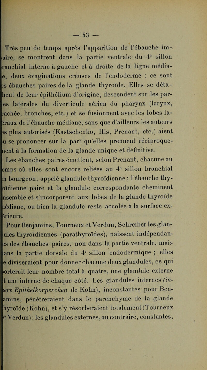 Très peu de temps après l’apparition de l’ébauche im- aire, se montrent dans la partie ventrale du 4e sillon ranchial interne à gauche et à droite de la ligne média- e, deux évaginations creuses de l’endoderme : ce sont bs ébauches paires de la glande thyroïde. Elles se déta- hent de leur épithélium d’origine, descendent sur les par¬ ies latérales du diverticule aérien du pharynx (larynx, rachée, bronches, etc.) et se fusionnent avec les lobes la- Braux de l'ébauche médiane, sans que d’ailleurs les auteurs bs plus autorisés (Kastschenko, His, Prenant, etc.) aient u se prononcer sur la part qu’elles prennent réciproque- nent à la formation de la glande unique et définitive. Les ébauches paires émettent, selon Prenant, chacune au emps où elles sont encore reliées au 4e sillon branchial n bourgeon, appelé glandule thyroïdienne ; l’ébauche thy- oïdienne paire et la glandule correspondante cheminent nsemble et s’incorporent aux lobes de la glande thyroïde îédiane, ou bien la glandule reste accolée à la surface ex- érieure. Pour Benjamins, Tourneux et Verdun, Schreiber les glan- ules thyroïdiennes (parathyroïdes), naissent indépendan- es des ébauches paires, non dans la partie ventrale, mais lans la partie dorsale du 4e sillon endodermique ; elles e diviseraient pour donner chacune deux glandules, ce qui >orterait leur nombre total à quatre, une glandule externe it une interne de chaque côté. Les glandules internes (in- lere Epithelkorperchen de Kohn), inconstantes pour Ben- amins, pénétreraient dans le parenchyme de la glande hyroïde (Kohn), et s’y résorberaient totalement (4 ourneux st Verdun) ; les glandules externes,au contraire, constantes,