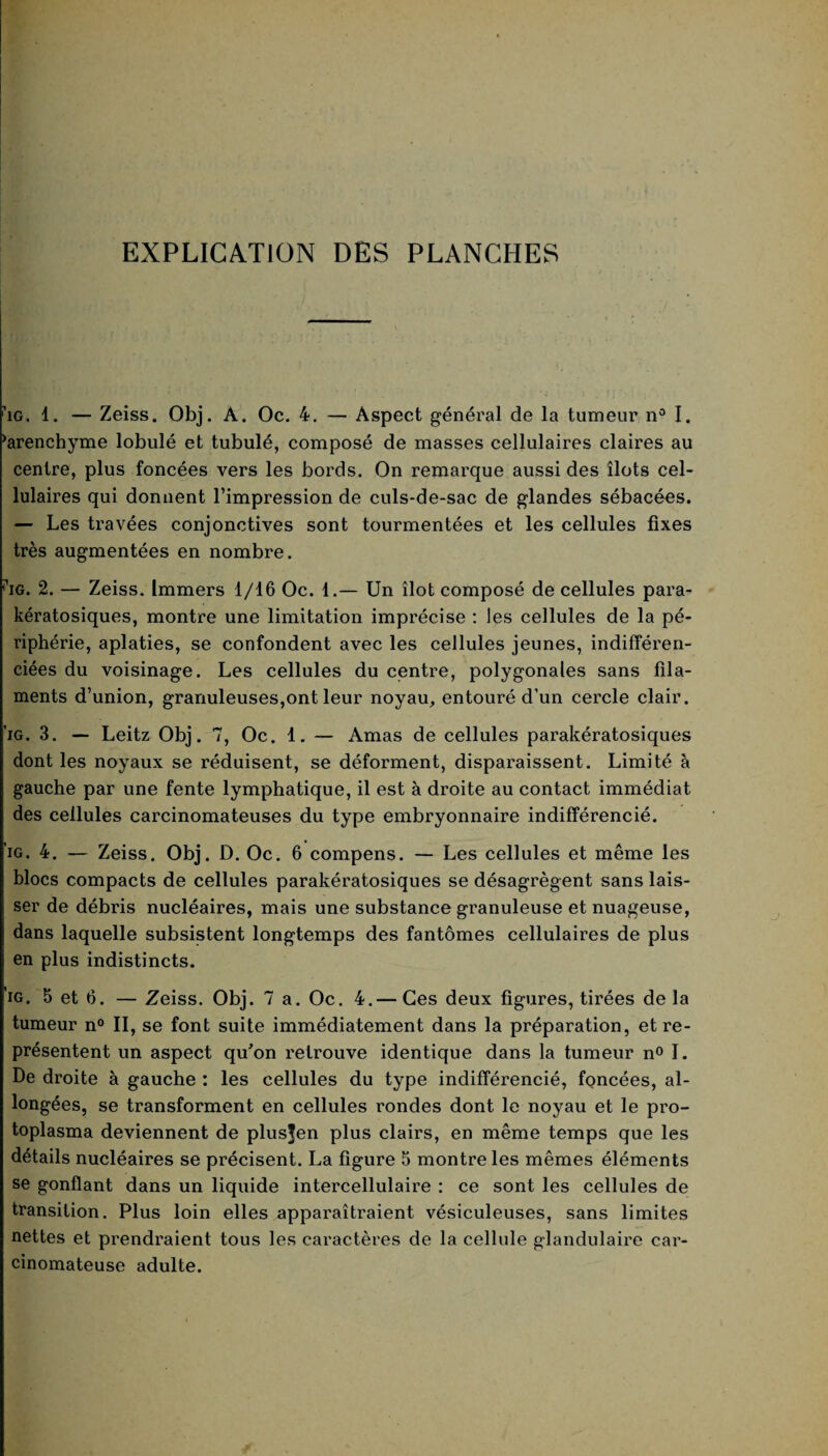 EXPLICATION DES PLANCHES ’ig, 1. — Zeiss. Obj. A. Oc. 4. — Aspect général de la tumeur n° I. ‘arenchyme lobulé et tubulé, composé de masses cellulaires claires au centre, plus foncées vers les bords. On remarque aussi des îlots cel¬ lulaires qui donnent l’impression de culs-de-sac de glandes sébacées. — Les travées conjonctives sont tourmentées et les cellules fixes très augmentées en nombre. •’ig. 2. — Zeiss. Immers 1/16 Oc. 1.— Un îlot composé de cellules para- kératosiques, montre une limitation imprécise : les cellules de la pé¬ riphérie, aplaties, se confondent avec les cellules jeunes, indifféren¬ ciées du voisinage. Les cellules du centre, polygonales sans fila¬ ments d’union, granuleuses,ont leur noyau, entouré d’un cercle clair. ig. 3. — Leitz Obj. 7, Oc. 1. — Amas de cellules parakératosiques dont les noyaux se réduisent, se déforment, disparaissent. Limité à gauche par une fente lymphatique, il est à droite au contact immédiat des cellules carcinomateuses du type embryonnaire indifférencié. ig. 4. — Zeiss. Obj. D. Oc. 6 compens. — Les cellules et même les blocs compacts de cellules parakératosiques se désagrègent sans lais¬ ser de débris nucléaires, mais une substance granuleuse et nuageuse, dans laquelle subsistent longtemps des fantômes cellulaires de plus en plus indistincts. ig. 5 et 6. — Zeiss. Obj. 7 a. Oc. 4.— Ces deux figures, tirées delà tumeur n° II, se font suite immédiatement dans la préparation, et re¬ présentent un aspect qu'on retrouve identique dans la tumeur n° I. De droite à gauche : les cellules du type indifférencié, foncées, al¬ longées, se transforment en cellules rondes dont le noyau et le pro¬ toplasma deviennent de plus^en plus clairs, en même temps que les détails nucléaires se précisent. La figure 5 montre les mêmes éléments se gonflant dans un liquide intercellulaire : ce sont les cellules de transition. Plus loin elles apparaîtraient vésiculeuses, sans limites nettes et prendraient tous les caractères de la cellule glandulaire car¬ cinomateuse adulte.