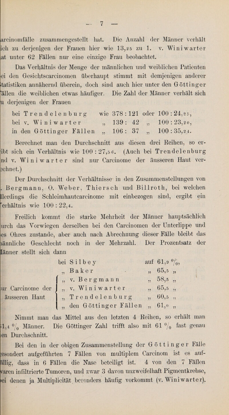 arcinomfälle zusammengestellt hat. Die Anzahl der Männer verhält ich zu derjenigen der Frauen hier wie 13,2 5 zu 1. v. Wiiii warter at unter 62 Fällen nur eine einzige Frau beobachtet. Das Verhältnis der Menge der männlichen und weiblichen Patienten ei den Gesichtscarcinomen überhaupt stimmt mit demjenigen anderer Statistiken annähernd überein, doch sind auch hier unter den Göttinger allen die weiblichen etwas häufiger. Die Zahl der Männer verhält sich n derjenigen der Frauen bei Trendelenburg wie 378:121 oder 100:24,2 5, bei v. Wini warter „ 139: 42 „ 100 : 23,20, in den Göttinger Fällen „ 106: 37 „ 100:35,24. Berechnet man den Durchschnitt aus diesen drei Reihen, so er- ibt sich ein Verhältnis wie 100:27,56. (Auch bei Trendelenburg nd v. Wini wart er sind nur Carcinome der äusseren Haut ver¬ lohnet.) Der Durchschnitt der Verhältnisse in den Zusammenstellungen von .. Bergmann, O. Weber, Thiersch und Billroth, bei welchen llerdings die Schleimhautcarcinome mit einbezogen sind, ergibt ein Verhältnis wie 100 : 22,4. ' . Freilich kommt die starke Mehrheit der Männer hauptsächlich jurch das Vorwiegen derselben bei den Carcinomen der Unterlippe und »es Ohres zustande, aber auch nach Abrechnung dieser Fälle bleibt das lännliche Geschlecht noch in der Mehrzahl. Der Prozentsatz der länner stellt sich dann bei S i 1 b e y „Baker ✓ „ v. Bergman n auf 61,9 %, „ 65,5 „ 58,5 „ v ur Carcinome der äusseren Haut „ v. Wini wart er „ 65,5 „ „ T r e n d e 1 e 11 b u r g „ 60,5 „ „ den Göttinger Fällen „ 61,0 „ Nimmt man das Mittel aus den letzten 4 Reihen, so erhält man 11,4 % Männer. Die Göttinger Zahl trifft also mit 61 % fast &enau en Durchschnitt. Bei den in der obigen Zusammenstellung der Göttinger Fälle ;esondert aufgeführten 7 Fällen von multiplem Carcinom ist es auf- lllig, dass in 6 Fällen die Nase beteiligt ist. 4 von den 7 Fällen raren infiltrierte Tumoren, und zwar 3 davon unzweifelhaft Pigmentkrebse, »ei denen ja Multiplicität besonders häufig vorkommt (v. Wini warter).