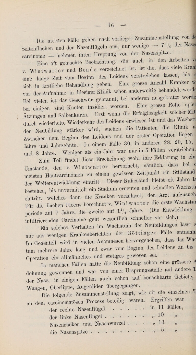 Die meisten Fälle gehen nach vorlieger Zusammenstellung von de • r~7 Q / ^ «r» A7 r < /~\i Seitenflächen und den Nasenflügeln aus, nur wenige jo der Nasei earcinome — nehmen ihren Ursprung von der Nasenspitze. Eine oft gemachte Beobachtung, die auch in den Arbeiten vc v. Winiwarter und Bonde verzeichnet ist, ist die, dass viele Kran] eine lange Zeit vom Beginn des Leidens verstreichen lassen, bis s sich in ärztliche Behandlung geben. Eine grosse Anzahl Kranker w; vor der Aufnahme in hiesiger Klinik schon anderweitig behandelt werde Boi vielen ist das Geschwür gebrannt, bei anderen ausgekratzt voule bei einigen sind Knoten inzidiert worden. Eine grosse Rolle spie Ätzungen und Salbenkuren. Erst wenn die Erfolglosigkeit solcher Mi« durch wiederholte Wiederkehr des Leidens erwiesen ist und das Wachst! der Neubildung stärker wird, suchen die Patienten die Klinik a Zwischen dem Beginn des Leidens und der ersten Operation liegen Jahre und Jahrzehnte. In einem Falle 30, in anderen 28, 20,. Io, und 8 Jahre. Weniger als ein Jahr war nur in 5 Fällen verstrichen. Zum Teil findet diese Erscheinung wohl ihre Erklärung in eim Umstande, den v. Winiwarter hervorhebt, nämlich, . dass bei <3 meisten Hautcarcinomen zu einem gewissen Zeitpunkt ein Stillstand der Weiterentwicklung eintritt. Dieser Ruhestand bleibt oft Jahre la bestehen, bis unvermittelt ein Stadium erneuten und schnellen Wachstu eintritt, 'welches dann die Kranken veranlasst, den Arzt aufzusuch Für die flachen Ulcera berechnet v. Winiwarter die erste Wachstur Periode auf 7 Jahre, die zweite auf 1‘/, Jahre. (Die Entwicklung infiltrierenden Carcinome geht wesentlich schneller vor sich.) Ein solches Verhalten im Wachstum der Neubildungen lässt s nur aus wenigen Krankenberichten der Göttinger Fälle entnehm Im Gegenteil wird in vielen Anamnesen hervorgehoben, dass das Wac tum mehrere Jahre lang und zwar vom Beginn des Leidens an bis Operation ein allmähliches und stetiges gewesen sei. In manchen Fällen hatte die Neubildung schon eine grössere A dehnung gewonnen und war von einer Ursprungsstelle auf andere T der Nase, in einigen Fällen auch schon auf benachbarte Gebiete, Wangen, Oberlippe, Augenlider übergegangen. Die folgende Zusammenstellung zeigt, wie oft die einzelnen 1 an dem carcinomatösen Prozess beteiligt waren. Ergriffen war der rechte Nasenflügel. der linke Nasenflügel. Nasenrücken und Nasenwurzel . . . die Nasenspitze. in 11 Fällen, 10 5? yy yy 13 yy i>