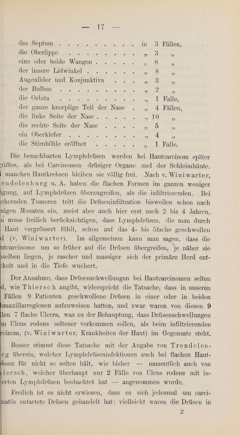 das Septum. in 3 Fällen, die Oberlippe. • • • ?i 3 ii eine oder beide Wangen . • • • 11 8 ii der innere Lidwinkel . . . • • • 11 8 n Augenlider und Konjunktiva • • • ii 3 ii der Bulbus. » 2 ii die Orbita ...... u 1 Falle, der ganze knorplige Teil der Nase n 4 Fällen, die linke Seite der Nase . . • • • ii 10 die rechte Seite der Nase . • • • ii 5 ii ein Oberkiefer. • • • ii 4 V die Stirnhöhle eröffnet . . • • • ii 1 Falle. Die benachbarten Lymphdrüsen werden bei Hautcarcinom griffen, als bei Carcinomen drüsiger Organe und der Schleimhäute, i manchen Hautkrebsen bleiben sie völlig frei. Nach v. Wini warter, endeten bürg n. A. haben die flachen Formen im ganzen weniger igung, auf Lymphdriisen überzugreifen, als die infiltrierenden. Bei chernden Tumoren tritt die Drüseninfiltration bisweilen schon nach nigen Monaten ein, meist aber auch hier erst nach 2 bis 4 Jahren. 4 v n muss freilich berücksichtigen, dass Lymphdriisen, die man durch Haut vergrössert fühlt, schon auf das 4- bis 5fache geschwollen d (v. Winiwarter). Im allgemeinen kann man sagen, dass die utcarcinome um so früher auf die Drüsen übergreifen, je näher sie iselben liegen, je rascher und massiger sich der primäre Herd ent¬ hielt und in die Tiefe wuchert. Der Annahme, dass Drüsenschwellungen bei Hautcarcinomen selten d, wie Thierse h angibt, widerspricht die Tatsache, dass in unseren Fällen 9 Patienten geschwollene Drüsen in einer oder in beiden amaxillarregionen auf zu weisen hatten, und zwar waren von diesen 9 len 7 flache Ulcera, was zu der Behauptung, dass Drüsenschwellungen m Ulcus rodens seltener Vorkommen sollen, als beim infiltrierenden ’cinom, (v. Wini warter, Krankheiten der Haut) im Gegensatz steht. Besser stimmt diese Tatsache mit der Angabe von Trendelen- rg überein, welcher Lymphdrüseninfektionen auch bei flachen Haut- Ibsen für nicht so selten hält, wie bisher — namentlich auch von Li er sch, welcher überhaupt nur 2 Fälle von Ulcus rodens mit in¬ erten Lymphdrüsen beobachtet hat — angenommen wurde. Freilich ist es nicht erwiesen, dass es sich jedesmal um carci- matös entartete Drüsen gehandelt hat; vielleicht waren die Drüsen in | 2
