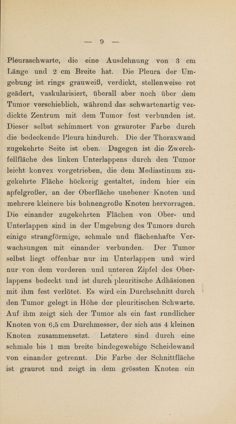 Pleuraschwarte, die eine Ausdehnung von 3 cm Länge und 2 cm Breite hat. Die Pleura der Um¬ gebung ist rings grauweiß, verdickt, stellenweise rot geädert, vaskularisiert, überall aber noch über dem Tumor verschieblich, während das schwartenartig ver¬ dickte Zentrum mit dem Tumor fest verbunden ist. Dieser selbst schimmert von grauroter Farbe durch die bedeckende Pleura hindurch. Die der Thoraxwand zugekehrte Seite ist eben. Dagegen ist die Zwerch¬ fellfläche des linken Unterlappens durch den Tumor leicht konvex vorgetrieben, die dem Mediastinum zu¬ gekehrte Fläche höckerig gestaltet, indem hier ein apfelgroßer, an der Oberfläche unebener Knoten und mehrere kleinere bis bohnengroße Knoten hervorragen. Die einander zugekehrten Flächen von Ober- und Unterlappen sind in der Umgebung des Tumors durch einige strangförmige, schmale und flächenhafte Yer- wachsungen mit einander verbunden. Der Tumor selbst liegt offenbar nur im Unterlappen und wird nur von dem vorderen und unteren Zipfel des Ober¬ lappens bedeckt und ist durch pleuritische Adhäsionen mit ihm fest verlötet. Es wird ein Durchschnitt durch den Tumor gelegt in Höhe der pleuritischen Schwarte. Auf ihm zeigt sich der Tumor als ein fast rundlicher Knoten von 6,5 cm Durchmesser, der sich aus 4 kleinen Knoten zusammensetzt. Letztere sind durch eine schmale bis 1 mm breite bindegewebige Scheidewand von einander getrennt. Die Farbe der Schnittfläche ist graurot und zeigt in dem grössten Knoten ein