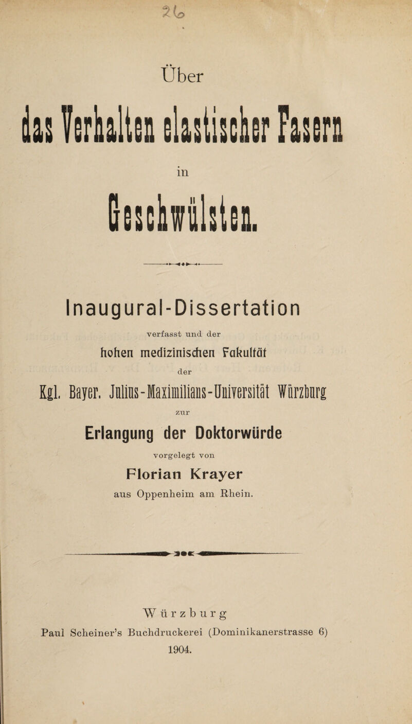 Uber ßesclwiihteii. Inaug Ural-Dissertation verfasst und der hohen medizinischen Fakultät der Kgl, Bayer. Jnlins-Maximilians-Uniyersität fiirzlmrs zur Erlangung der Doktorwürde vorgelegt von Florian Krayer aus Oppenheim am Rhein. W ü r z b u r g Paul Scheiner’s Buchdruckerei (Dominikanerstrasse 6) 1904.