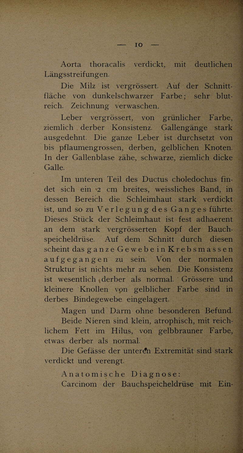 Aorta thoracalis verdickt, mit deutlichen Längsstreifungen. Die Milz ist vergrössert. Auf der Schnitt¬ fläche von dunkelschwarzer Farbe; sehr blut¬ reich. Zeichnung verwaschen. Leber vergrössert, von grünlicher Farbe, ziemlich derber Konsistenz. Gallengänge stark ausgedehnt. Die ganze Leber ist durchsetzt von bis pflaumengrossen, derben, gelblichen Knoten. In der Gallenblase zähe, schwarze, ziemlich dicke Galle. Im unteren Teil des Ductus choledochus fin¬ det sich ein '-2 cm breites, weissliches Band, in dessen Bereich die Schleimhaut stark verdickt ist, und so zu Verlegung des Ganges führte. Dieses Stück der Schleimhaut ist fest adhaerent an dem stark vergrösserten Kopf der Bauch- Speicheldrüse. Auf dem Schnitt durch diesen scheint das ganze Gewebe in Krebsmassen aufgegangen zu sein. Von der normalen Struktur ist nichts mehr zu sehen. Die Konsistenz ist wesentlich derber als normal. ' Grössere und kleinere Knollen vpn gelblicher Farbe sind in derbes Bindegewebe eingelagert. Magen und Darm ohne besonderen Befund. Beide Nieren sind klein, atrophisch, mit reich¬ lichem Fett im Hilus, von gelbbrauner Farbe, etwas derber als normal. Die Gefässe der unteren Extremität sind stark verdickt und verengt. Anatomische Diagnose: Carcinom der Bauchspeicheldrüse mit Ein-