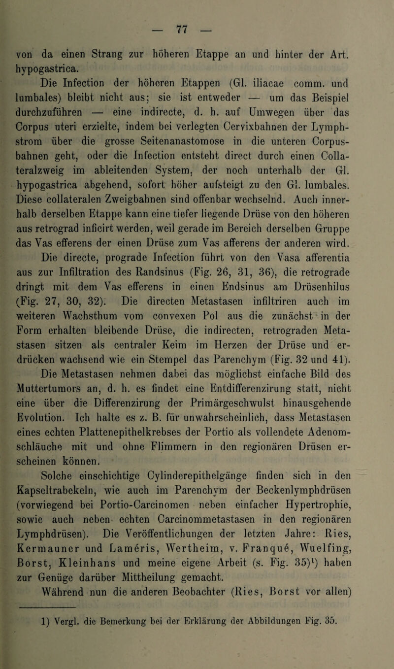 von da einen Strang zur höheren Etappe an und hinter der Art. hypogastrica. Die Infection der höheren Etappen (GL iliacae comm. und lumbales) bleibt nicht aus; sie ist entweder — um das Beispiel durchzuführen — eine indirecte, d. h. auf Umwegen über das Corpus uteri erzielte, indem bei verlegten Cervixbahnen der Lyraph- strom über die grosse Seitenanastomose in die unteren Corpus- bahnen geht, oder die Infection entsteht direct durch einen Colla- teralzweig im ableitenden System, der noch unterhalb der GL hypogastrica abgehend, sofort höher aufsteigt zu den GL lumbales. Diese collateralen Zweigbahnen sind offenbar wechselnd. Auch inner¬ halb derselben Etappe kann eine tiefer liegende Drüse von den höheren aus retrograd inficirt werden, weil gerade im Bereich derselben Gruppe das Vas efferens der einen Drüse zum Vas afferens der anderen wird. Die directe, prograde Infection führt von den Vasa afferentia aus zur Infiltration des Randsinus (Fig. 26, 31, 36), die retrograde dringt mit dem Vas efferens in einen Endsinus am Drüsenhilus (Fig. 27, 30, 32). Die directen Metastasen infiltriren auch im weiteren Wachsthum vom convexen Pol aus die zunächst in der Form erhalten bleibende Drüse, die indirecten, retrograden Meta¬ stasen sitzen als centraler Keim im Herzen der Drüse und er¬ drücken wachsend wie ein Stempel das Parenchym (Fig. 32 und 41). Die Metastasen nehmen dabei das möglichst einfache Bild des Muttertumors an, d. h. es findet eine Entdifferenzirung statt, nicht eine über die Differenzirung der Primärgeschwulst hinausgehende Evolution. Ich halte es z. B. für unwahrscheinlich, dass Metastasen eines echten Plattenepithelkrebses der Portio als vollendete Adenom¬ schläuche mit und ohne Flimmern in den regionären Drüsen er¬ scheinen können. Solche einschichtige Cylinderepithelgänge finden sich in den Kapseltrabekeln, wie auch im Parenchym der Beckenlymphdrüsen (vorwiegend bei Portio-Carcinomen neben einfacher Hypertrophie, sowie auch neben echten Oarcinommetastasen in den regionären Lymphdriisen). Die Veröffentlichungen der letzten Jahre: Ries, Kermauner und Lameris, Wertheim, v. Franque, Wuelfing, Borst, Kleinhans und meine eigene Arbeit (s. Fig. 35)1) haben zur Genüge darüber Mittheilung gemacht. Während nun die anderen Beobachter (Ries, Borst vor allen) 1) Yergl. die Bemerkung bei der Erklärung der Abbildungen Fig. 35.