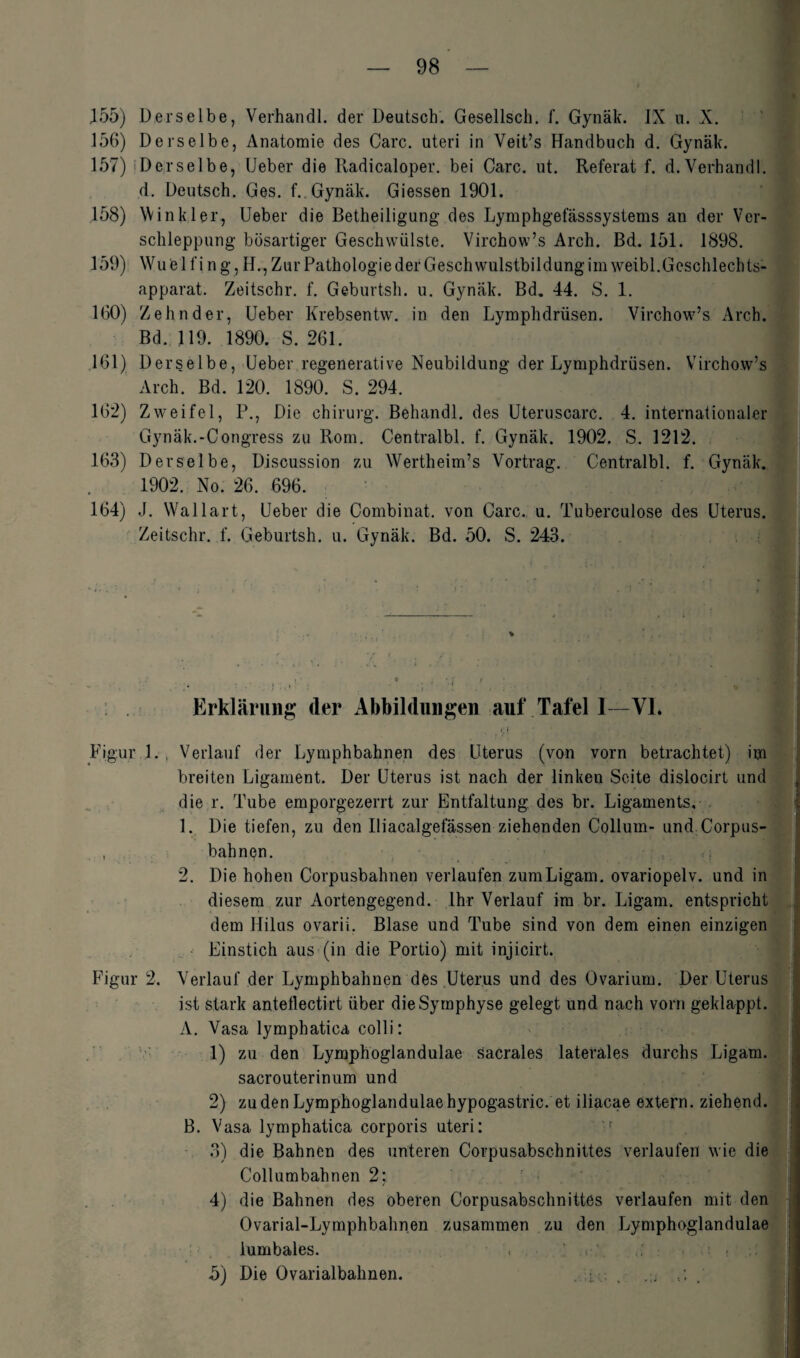 J55) Derselbe, Verhandl. der Deutsch. Gesellsch. f. Gynäk. IX u. X. 156) Derselbe, Anatomie des Care, uteri in Yeit’s Handbuch d. Gynäk. 157) Derselbe, Ueber die Radicaloper. bei Care. ut. Referat f. d.Verhandl. d. Deutsch. Ges. f. Gynäk. Giessen 1901. 158) Winkler, Ueber die Betheiligung des Lymphgefässsystems an der Ver¬ schleppung bösartiger Geschwülste. Virchow’s Arch. Bd. 151. 1898. 159) Wuel f i n g, H., Zur Pathologie der Geschwulstbildung im weibl. Geschlechts¬ apparat. Zeitschr. f. Geburtsh. u. Gynäk. Bd. 44. S. 1. 160) Zehn der, Ueber Krebsentw. in den Lymphdrüsen. Virchow’s Arch. Bd. 119. 1890. S. 261. 161) Derselbe, Ueber regenerative Neubildung der Lymphdrüsen. Virchow’s Arch. Bd. 120. 1890. S. 294. 162) Zweifel, P., Die Chirurg. Behandl. des Uteruscarc. 4. internationaler Gynäk.-Congress zu Rom. Centralbl. f. Gynäk. 1902. S. 1212. 163) Derselbe, Discussion zu Wertheim’s Vortrag. Centralbl. f. Gynäk. 1902. No. 26. 696. 164) J. Wallart, Ueber die Combinat. von Care. u. Tuberculose des Uterus. Zeitschr. f. Geburtsh. u. Gynäk. Bd. 50. S. 243. Erklärung der Abbildungen auf Tafel I—-VI. . to 1 Figur 1. Verlauf der Lymphbahnen des Uterus (von vorn betrachtet) im breiten Ligament. Der Uterus ist nach der linken Seite dislocirt und die r. Tube emporgezerrt zur Entfaltung des br. Ligaments, 1. Die tiefen, zu den Iliacalgefässmi ziehenden Collum- und Corpus- . bahnen. 2. Die hohen Corpusbahnen verlaufen zumLigam. ovariopelv. und in diesem zur Aortengegend. Ihr Verlauf im br. Ligam. entspricht dem Hilus ovarii. Blase und Tube sind von dem einen einzigen Einstich aus (in die Portio) mit injicirt. Figur 2. Verlauf der Lymphbahnen des Uterus und des Ovarium. Der Uterus ist stark anteflectirt über die Symphyse gelegt und nach vorn geklappt. A. Vasa lymphatica colli: 1) zu den Lymphoglandulae sacrales laterales durchs Ligam. sacrouterinum und 2) zu den Lymphoglandulae hypogastric. et iliacae extern, ziehend. B. Vasa lymphatica corporis uteri: 3) die Bahnen des unteren Corpusabschnittes verlaufen wie die Collumbahnen 2; 4) die Bahnen des oberen Corpusabschnittes verlaufen mit den Ovarial-Lymphbahnen zusammen zu den Lymphoglandulae lumbales. , ,  ; : : I 5) Die Ovarialbahnen. . , ...