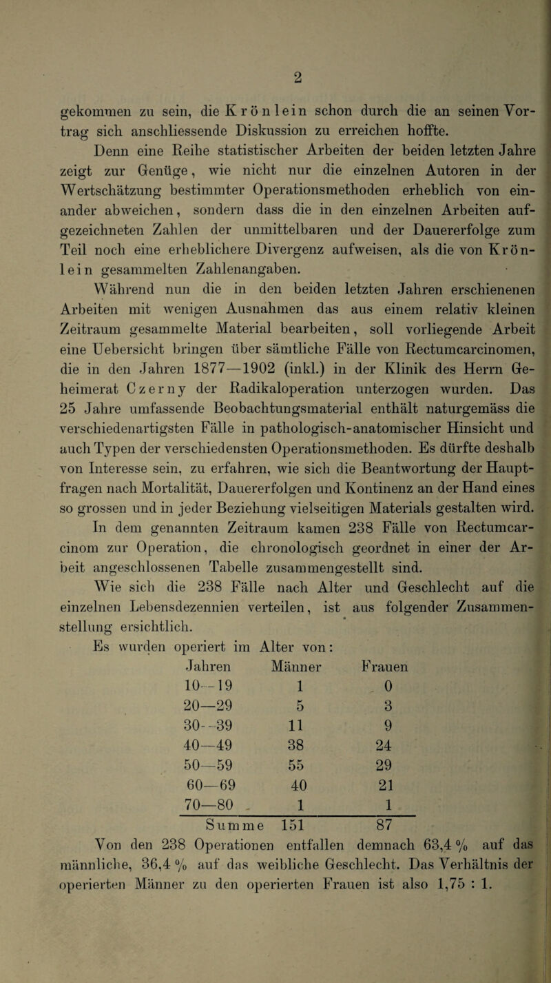 gekommen zu sein, die Krön lein schon durch die an seinen Vor¬ trag sich anschliessende Diskussion zu erreichen hoffte. Denn eine Reihe statistischer Arbeiten der beiden letzten Jahre zeigt zur Genüge, wie nicht nur die einzelnen Autoren in der Wertschätzung bestimmter Operationsmethoden erheblich von ein¬ ander abweichen, sondern dass die in den einzelnen Arbeiten auf¬ gezeichneten Zahlen der unmittelbaren und der Dauererfolge zum Teil noch eine erheblichere Divergenz aufweisen, als die von Krön¬ lein gesammelten Zahlenangaben. Während nun die in den beiden letzten Jahren erschienenen Arbeiten mit wenigen Ausnahmen das aus einem relativ kleinen Zeitraum gesammelte Material bearbeiten, soll vorliegende Arbeit eine Uebersicht bringen über sämtliche Fälle von Rectumcarcinomen, die in den Jahren 1877—1902 (inkl.) in der Klinik des Herrn Ge¬ heimerat Czerny der Radikaloperation unterzogen wurden. Das 25 Jahre umfassende Beobachtungsmaterial enthält naturgemäss die verschiedenartigsten Fälle in pathologisch-anatomischer Hinsicht und auch Typen der verschiedensten Operationsmethoden. Es dürfte deshalb von Interesse sein, zu erfahren, wie sich die Beantwortung der Haupt¬ fragen nach Mortalität, Dauererfolgen und Kontinenz an der Hand eines so grossen und in jeder Beziehung vielseitigen Materials gestalten wird. In dem genannten Zeitraum kamen 238 Fälle von Rectumcar- cinom zur Operation, die chronologisch geordnet in einer der Ar¬ beit angeschlossenen Tabelle zusammengestellt sind. Wie sich die 238 Fälle nach Alter und Geschlecht auf die einzelnen Lebensdezennien verteilen, ist aus folgender Zusammen- Stellung ersichtlich. Es wurden operiert im Alter von: Jahren Männer F rauen 10-19 1 0 20—29 5 3 30--39 11 9 40—49 38 24 50—59 55 29 60—69 40 21 70—80 . 1 1 Summe 151 87 Von den 238 Operationen entfallen demnach 63,4% auf das männliche, 36,4% auf das weibliche Geschlecht. Das Verhältnis der operierten Männer zu den operierten Frauen ist also 1,75 : 1.