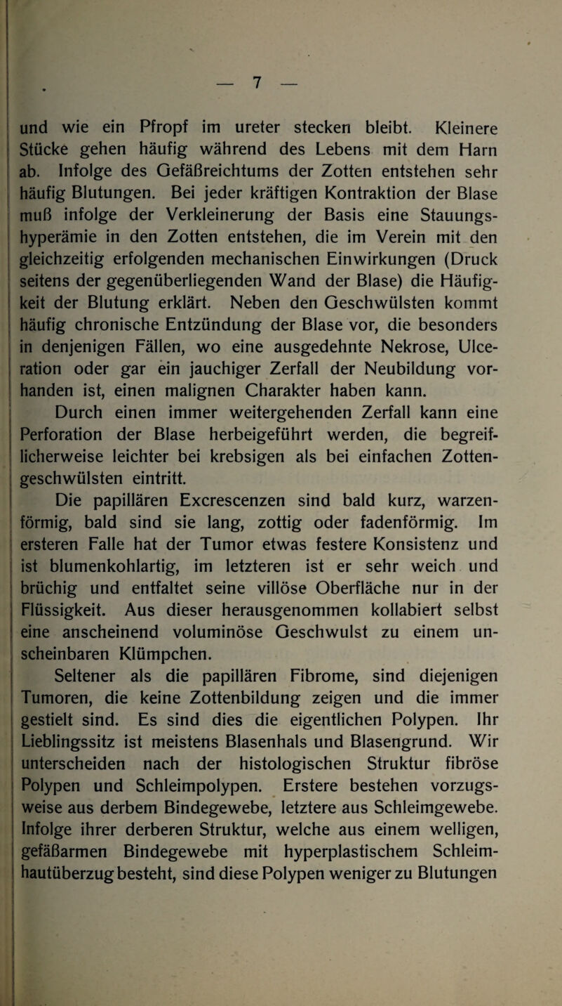 und wie ein Pfropf im ureter stecken bleibt. Kleinere Stücke gehen häufig während des Lebens mit dem Harn ab. Infolge des Gefäßreichtums der Zotten entstehen sehr häufig Blutungen. Bei jeder kräftigen Kontraktion der Blase muß infolge der Verkleinerung der Basis eine Stauungs¬ hyperämie in den Zotten entstehen, die im Verein mit den gleichzeitig erfolgenden mechanischen Einwirkungen (Druck seitens der gegenüberliegenden Wand der Blase) die Häufig¬ keit der Blutung erklärt. Neben den Geschwülsten kommt häufig chronische Entzündung der Blase vor, die besonders in denjenigen Fällen, wo eine ausgedehnte Nekrose, Ulce- ration oder gar ein jauchiger Zerfall der Neubildung vor¬ handen ist, einen malignen Charakter haben kann. Durch einen immer weitergehenden Zerfall kann eine Perforation der Blase herbeigeführt werden, die begreif¬ licherweise leichter bei krebsigen als bei einfachen Zotten¬ geschwülsten eintritt. Die papillären Excrescenzen sind bald kurz, warzen¬ förmig, bald sind sie lang, zottig oder fadenförmig. Im ersteren Falle hat der Tumor etwas festere Konsistenz und ist blumenkohlartig, im letzteren ist er sehr weich und brüchig und entfaltet seine villöse Oberfläche nur in der Flüssigkeit. Aus dieser herausgenommen kollabiert selbst eine anscheinend voluminöse Geschwulst zu einem un¬ scheinbaren Klümpchen. Seltener als die papillären Fibrome, sind diejenigen Tumoren, die keine Zottenbildung zeigen und die immer gestielt sind. Es sind dies die eigentlichen Polypen. Ihr Lieblingssitz ist meistens Blasenhals und Blasengrund. Wir unterscheiden nach der histologischen Struktur fibröse Polypen und Schleimpolypen. Erstere bestehen vorzugs¬ weise aus derbem Bindegewebe, letztere aus Schleimgewebe. Infolge ihrer derberen Struktur, welche aus einem welligen, i gefäßarmen Bindegewebe mit hyperplastischem Schleim¬ hautüberzugbesteht, sind diese Polypen weniger zu Blutungen