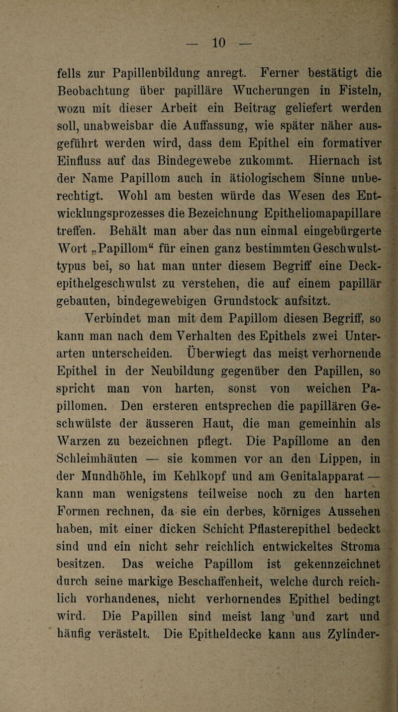 felis zur Papillenbildung anregt. Ferner bestätigt die Beobachtung über papilläre Wucherungen in Fisteln, wozu mit dieser Arbeit ein Beitrag geliefert werden soll, unabweisbar die Auffassung, wie später näher aus¬ geführt werden wird, dass dem Epithel ein formativer Einfluss auf das Bindegewebe zukommt. Hiernach ist der Name Papillom auch in ätiologischem Sinne unbe¬ rechtigt. Wohl am besten würde das Wesen des Ent¬ wicklungsprozesses die Bezeichnung Epitheliomapapillare treffen. Behält man aber das nun einmal eingebürgerte Wort „Papillom“ für einen ganz bestimmten Geschwulst¬ typus bei, so hat man unter diesem Begriff eine Deck¬ epithelgeschwulst zu verstehen, die auf einem papillär gebauten, bindegewebigen Grundstock: aufsitzt. Verbindet man mit dem Papillom diesen Begriff, so kann man nach dem Verhalten des Epithels zwei Unter- •• arten unterscheiden. Uberwiegt das meist verhornende Epithel in der Neubildung gegenüber den Papillen, so spricht man von harten, sonst von weichen Pa¬ pillomen. Den ersteren entsprechen die papillären Ge¬ schwülste der äusseren Haut, die man gemeinhin als Warzen zu bezeichnen pflegt. Die Papillome an den Schleimhäuten — sie kommen vor an den Lippen, in der Mundhöhle, im Kehlkopf und am Genitalapparat — kann man wenigstens teilweise noch zu den harten Formen rechnen, da sie ein derbes, körniges Aussehen haben, mit einer dicken Schicht Pflasterepithel bedeckt sind und ein nicht sehr reichlich entwickeltes Stroma besitzen. Das weiche Papillom ist gekennzeichnet durch seine markige Beschaffenheit, welche durch reich¬ lich vorhandenes, nicht verhornendes Epithel bedingt wird. Die Papillen sind meist lang ‘und zart und häufig verästelt. Die Epitheldecke kann aus Zylinder-