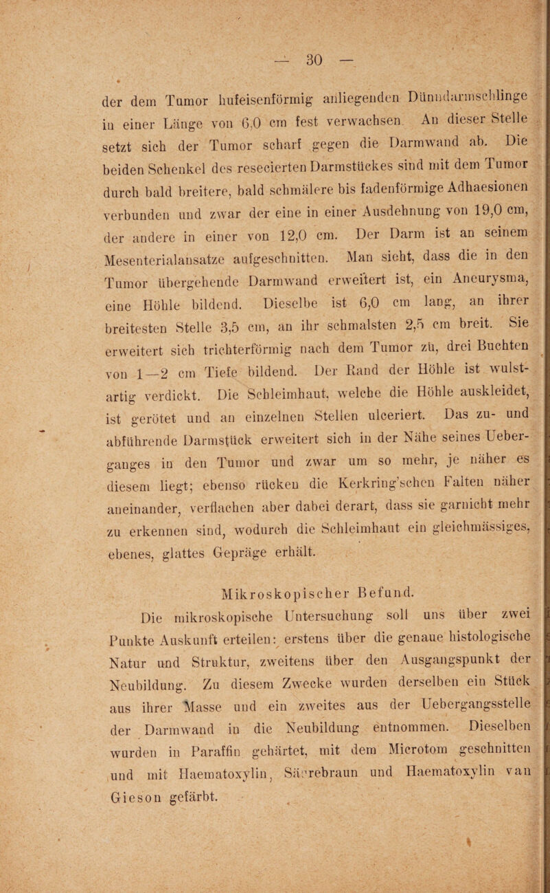 der dem Tumor hufeisenförmig anliegenden Dünndarmschlinge in einer Länge von 6,0 cm fest verwachsen An diesei Stelle setzt sich der Tumor scharf gegen die Darmwand ab. Die beiden Schenkel des resecierten Darmstückes sind mit dem Tumor durch bald breitere, bald schmälere bis fadenförmige Adhaesionen verbunden und zwar der eine in einer Ausdehnung von 19,0 cm, der andere in einer von 12,0 cm. Der Darm ist an seinem Mesenterialansatze aufgeschnitten. Man sieht, dass die in den Tumor übergehende Darmwand erweitert ist, ein Aneurysma, eine Höhle bildend. Dieselbe ist 6,0 cm lang, an ihrer breitesten Stelle 3,5 cm, an ihr schmälsten 2,5 cm breit. Sie erweitert sich trichterförmig nach dem Tumor zu, drei Buchten von 1—2 cm Tiefe bildend. Der Rand der Höhle ist wulst¬ artig verdickt. Die Schleimhaut, welche die Höhle auskleidet, ist gerötet und an einzelnen Stellen ulceriert. Das zu- und abführende Darmstück erweitert sich in der Nähe seines Ueber- ganges in den Tumor und zwar um so mehi, je näher es aneinander, verflachen aber dabei derart, dass sie garnicht mehr zu erkennen sind, wodurch die Schleimhaut ein gleichmässiges, ebenes, glattes Gepräge erhält. Mikroskopischer Befund. Die mikroskopische Untersuchung soll uns über zwei Punkte Auskunft erteilen: erstens über die genaue histologische Natur und Struktur, zweitens über den Ausgangspunkt der Neubildung. Zu diesem Zwecke wurden derselben ein Stück aus ihrer Masse und ein zweites aus der Uebergangsstelle der Darmwand in die Neubildung entnommen. Dieselben wurden in Paraffin gehärtet, mit dem Microtom geschnitten und mit Haematoxylin, Särrebraun und Haematoxylin van Gieson gefärbt.