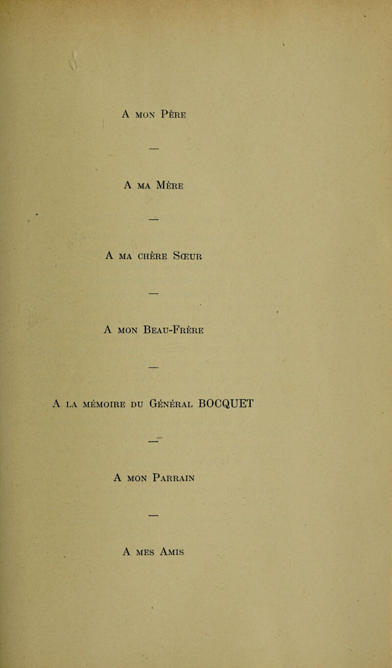 A MON PÈRE A ma Mère A ma chère Sœur A mon Beau-Frère A LA MÉMOIRE DU GÉNÉRAL BOCQUET A mon Parrain A mes Amis