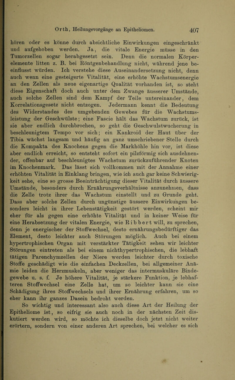 hören oder es könne durch absichtliche Einwirkungen eingeschränkt und aufgehoben werden. Ja, die vitale Energie müsse in den Tumorzellen sogar herabgesetzt sein. Denn die normalen Körper¬ elemente litten z. B. bei Röntgenbehandlung nicht, während jene be¬ einflusst würden. Ich verstehe diese Auseinandersetzung nicht, denn auch wenn eine gesteigerte Vitalität, eine erhöhte Wachstumsenergie an den Zellen als neue eigenartige Qualität vorhanden ist, so steht diese Eigenschaft doch auch unter dem Zwange äusserer Umstände, auch solche Zellen sind dem Kampf der Teile untereinander, dem Korrelationsgesetz nicht entzogen. Jedermann kennt die Bedeutung des Widerstandes des umgebenden Gewebes für die Wachstums¬ leistung der Geschwülste; eine Fascie hält das Wachstum zurück, ist sie aber endlich durchbrochen, so geht die Geschwulstwucherung in beschleunigtem Tempo vor sich; ein Kankroid der Haut über der Tibia wächst langsam und häufig an ganz umschriebener Stelle durch die Kompakta des Knochens gegen die Markhöhle hin vor, ist diese aber endlich erreicht, so entsteht sofort ein pilzförmig sich ausdehnen¬ der, offenbar auf beschleunigtes Wachstum zurückzuführender Knoten im Knochenmark. Das lässt sich vollkommen mit der Annahme einer erhöhten Vitalität in Einklang bringen, wie ich auch gar keine Schwierig¬ keit sehe, eine so grosse Beeinträchtigung dieser Vitalität durch äussere Umstände, besonders durch Ernährungsverhältnisse anzunehmen, dass die Zelle trotz ihrer das Wachstum einstellt und zu Grunde geht. Dass aber solche Zellen durch ungünstige äussere Einwirkungen be¬ sonders leicht in ihrer Lebenstätigkeit gestört werden, scheint mir eher für als gegen eine erhöhte Vitalität und in keiner Weise für eine Herabsetzung der vitalen Energie, wie Bibbert will, zu sprechen, denn je energischer der Stoffwechsel, desto ernährungsbedürftiger das Element, desto leichter auch Störungen möglich. Auch bei einem hypertrophischen Organ mit verstärkter Tätigkeit sehen wir leichter Störungen eintreten als bei einem nichthypertrophischen, die lebhaft tätigen Parenchymzellen der Niere werden leichter durch toxische Stoffe geschädigt wie die einfachen Deckzellen, bei allgemeiner Anä¬ mie leiden die Herzmuskeln, aber weniger das intermuskuläre Binde¬ gewebe u. s. f. Je höhere Vitalität, je stärkere Funktion, je lebhaf¬ teren Stoffwechsel eine Zelle hat, um so leichter kann sie eine Schädigung ihres Stoffwechsels und ihrer Ernährung erfahren, um so eher kann ihr ganzes Dasein bedroht werden. So wichtig und interessant also auch diese Art der Heilung der Epitheliome ist, so eifrig sie auch noch in der nächsten Zeit dis¬ kutiert werden wird, so möchte ich dieselbe doch jetzt nicht weiter erörtern, sondern von einer anderen Art sprechen, bei welcher es sich