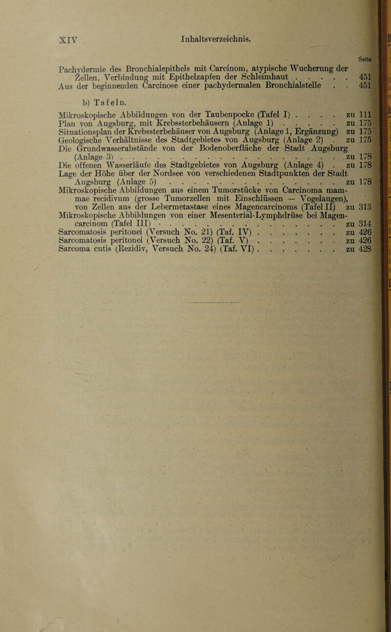 XIY . Seite Pachydermie des Bronchialepithels mit Carcinom, atypische Wucherung der Zellen, Verbindung mit Epithelzapfen der Schleimhaut.451 Aus der beginnenden Carcinose einer pachydermalen Bronchialstelle . . 451 b) Tafeln. Mikroskopische Abbildungen von der Taubenpocke (Tafel I) .... zu 111 Plan von Augsburg, mit Krebssterbehäusern (Anlage 1).zu 175 Situationsplan der Itrebssterbehäuser von Augsburg (Anlage 1, Ergänzung) zu 175 Geologische Verhältnisse des Stadtgebietes von Augsburg (Anlage 2) . zu 175 Die Grundwasserabstände von der Bodenoberfläche der Stadt Augsburg (Anlage 3).zu 178 Die offenen Wasserläufe des Stadtgebietes von Augsburg (Anlage 4) . zu 178 Lage der Höhe über der Nordsee von verschiedenen Stadtpunkten der Stadt Augsburg (Anlage 5)..zu 178 Mikroskopische Abbildungen aus einem Tumorstücke von Carcinoma mam- mae recidivum (grosse Tumorzellen mit Einschlüssen — Vogelaugen), von Zellen aus der Lebermetastase eines Magencarcinoms (Tafel II) zu 313 Mikroskopische Abbildungen von einer Mesenterial-Lymphdrüse bei Magen- carcinom (Tafel III) •. zu 314 Sarcomatosis peritonei (Versuch No. 21) (Taf. IV).zu 426 Sarcomatosis peritonei (Versuch No. 22) (Taf. V).zu 426 Sarcoma cutis (Rezidiv, Versuch No. 24) (Taf. VI).zu 428