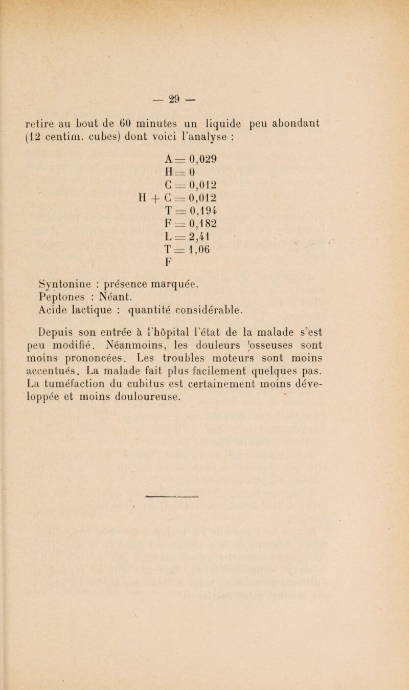 retire au bout de 60 minutes un liquide peu abondant (12 centim. cubes) dont voici l’analyse : 0,029 H = 0 G — 0,012 H + G — 0,012 T = 0,194 F = 0,182 L = 2,41 T = 1,06 F Syntonine : présence marquée. Peptones : Néant. Acide lactique : quantité considérable. Depuis son entrée à l'hôpital l’état de la malade s’est peu modifié. Néanmoins, les douleurs ^osseuses sont moins prononcées. Les troubles moteurs sont moins accentués. La malade fait plus facilement quelques pas. La tuméfaction du cubitus est certainement moins déve¬ loppée et moins douloureuse.