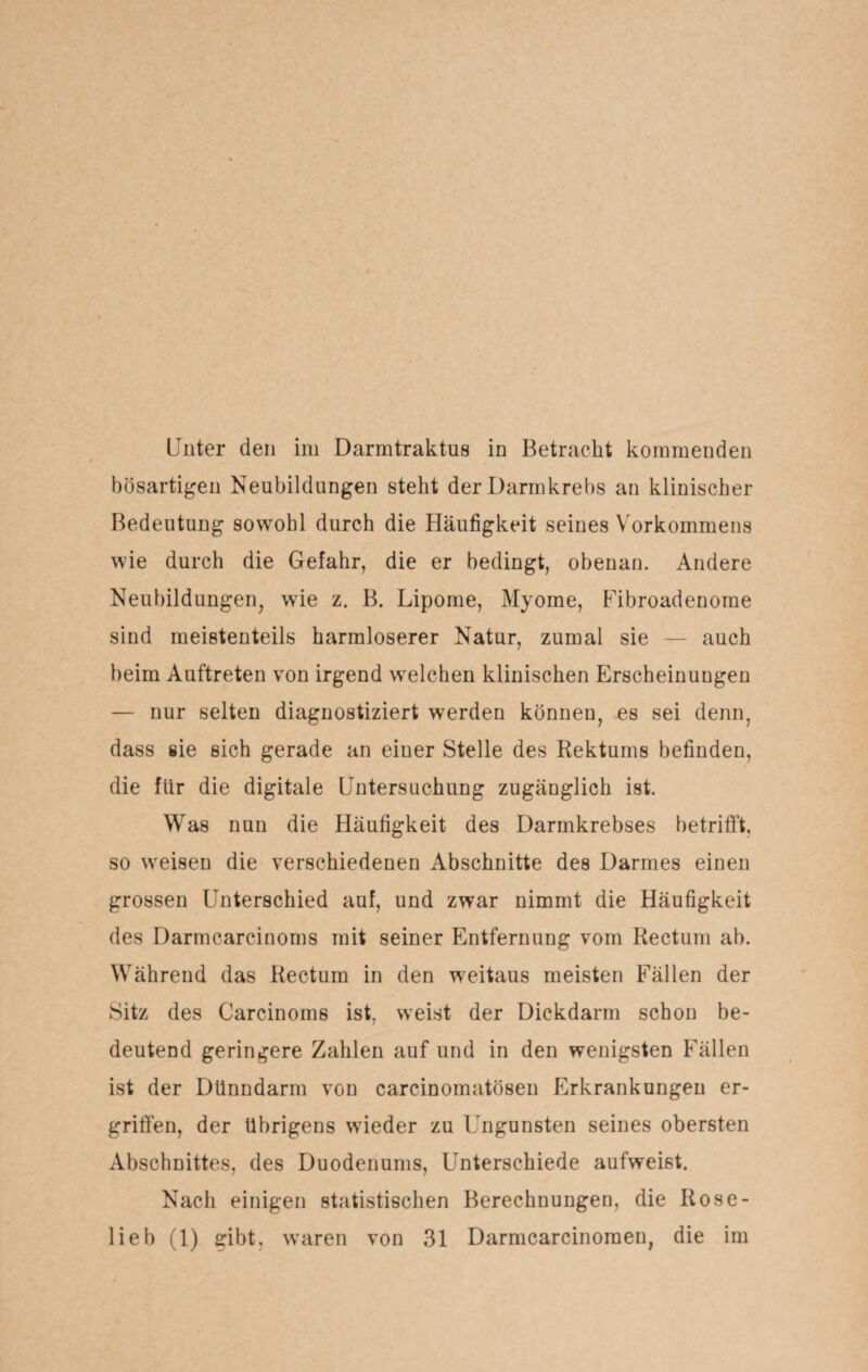 Unter den im Darmtraktus in Betracht kommenden bösartigen Neubildungen steht der Darmkrebs an klinischer Bedeutung sowohl durch die Häufigkeit seines Vorkommens wie durch die Gefahr, die er bedingt, obenan. Andere Neubildungen, wie z. B. Lipome, Myome, Fibroadenome sind meistenteils harmloserer Natur, zumal sie — auch beim Auftreten von irgend welchen klinischen Erscheinungen — nur selten diagnostiziert werden können, es sei denn, dass sie sich gerade an einer Stelle des Rektums befinden, die für die digitale Untersuchung zugänglich ist. Was nun die Häufigkeit des Darmkrebses betrifft, so weisen die verschiedenen Abschnitte des Darmes einen grossen Unterschied auf, und zwar nimmt die Häufigkeit des Darmcarcinoms mit seiner Entfernung vom Rectum ab. Während das Rectum in den weitaus meisten Fällen der Sitz des Carcinoms ist, weist der Dickdarm schon be¬ deutend geringere Zahlen auf und in den wenigsten Fällen ist der Dünndarm von carcinomatösen Erkrankungen er¬ griffen, der übrigens wieder zu Ungunsten seines obersten Abschnittes, des Duodenums, Unterschiede aufweißt. Nach einigen statistischen Berechnungen, die Rose-