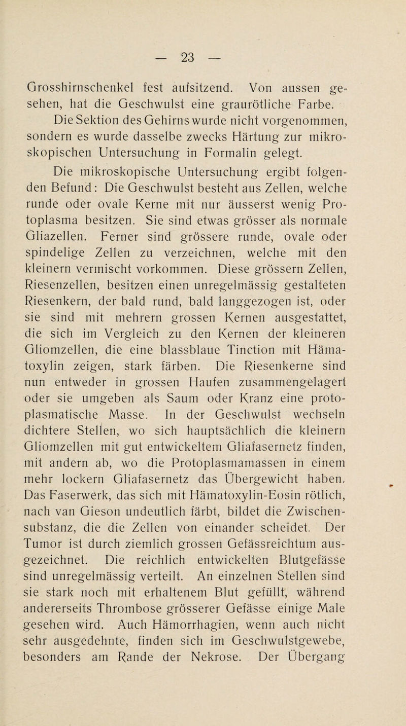 Grosshirnschenkel fest aufsitzend. Von aussen ge¬ sehen, hat die Geschwulst eine graurötliche Farbe. Die Sektion des Gehirns wurde nicht vorgenommen, sondern es wurde dasselbe zwecks Härtung zur mikro¬ skopischen Untersuchung in Formalin gelegt. Die mikroskopische Untersuchung ergibt folgen¬ den Befund : Die Geschwulst besteht aus Zellen, welche runde oder ovale Kerne mit nur äusserst wenig Pro¬ toplasma besitzen. Sie sind etwas grösser als normale Gliazellen. Ferner sind grössere runde, ovale oder spindelige Zellen zu verzeichnen, welche mit den kleinern vermischt Vorkommen. Diese grossem Zellen, Riesenzellen, besitzen einen unregelmässig gestalteten Riesenkern, der bald rund, bald langgezogen ist, oder sie sind mit mehrern grossen Kernen ausgestattet, die sich im Vergleich zu den Kernen der kleineren Gliomzellen, die eine blassblaue Tinction mit Häma- toxylin zeigen, stark färben. Die Riesenkerne sind nun entweder in grossen Haufen zusammengelagert oder sie umgeben als Saum oder Kranz eine proto¬ plasmatische Masse. In der Geschwulst wechseln dichtere Stellen, wo sich hauptsächlich die kleinern Gliomzellen mit gut entwickeltem Gliafasernetz finden, mit andern ab, wo die Protoplasmamassen in einem mehr lockern Gliafasernetz das Übergewicht haben. Das Faserwerk, das sich mit Hämatoxylin-Eosin rötlich, nach van Gieson undeutlich färbt, bildet die Zwischen¬ substanz, die die Zellen von einander scheidet. Der Tumor ist durch ziemlich grossen Gefässreichtum aus¬ gezeichnet. Die reichlich entwickelten Blutgefässe sind unregelmässig verteilt. An einzelnen Stellen sind sie stark noch mit erhaltenem Blut gefüllt, während andererseits Thrombose grösserer Gefässe einige Male gesehen wird. Auch Hämorrhagien, wenn auch nicht sehr ausgedehnte, finden sich im Geschwulstgewebe, besonders am Rande der Nekrose. Der Übergang