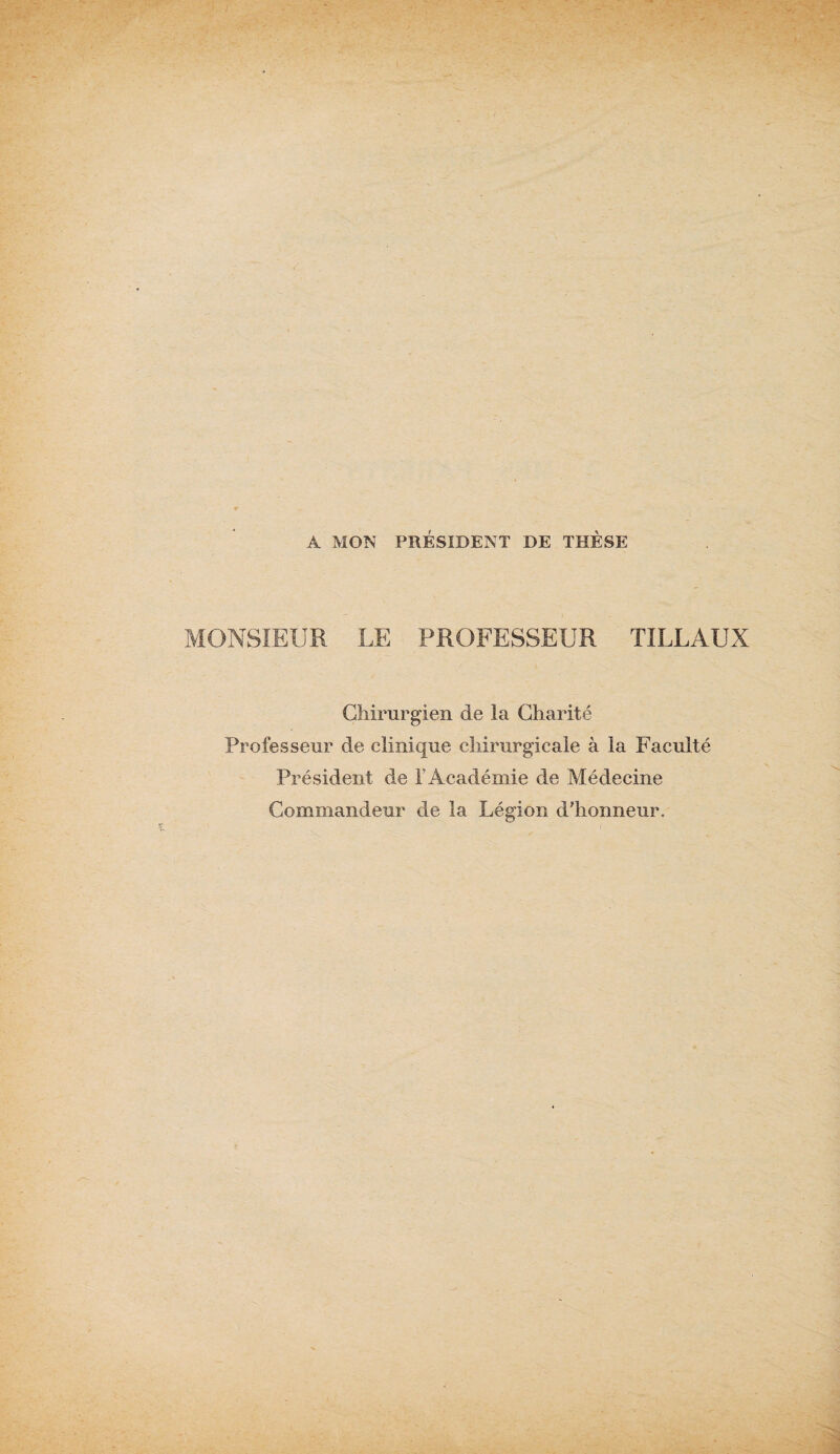 A MON PRÉSIDENT DE THÈSE MONSIEUR LE PROFESSEUR TILLAUX Chirurgien de la Charité Professeur de clinique chirurgicale à la Faculté Président de l'Académie de Médecine Commandeur de la Légion d'honneur.