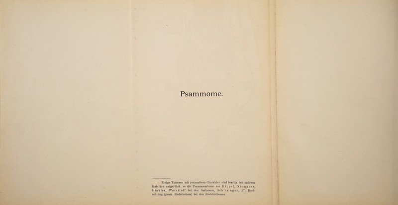 Psammome. Einige Tumoren mit psammosem Charakter sind bereits bei anderen Rubriken aufgeführt: so die Psammosarkome von Hippel, Niemayer, Dinkler, Worsiloff bei den Sarkomen, Schlesinger, 37. Beob¬ achtung (psam. Endotheliom) bei den Endotheliomen