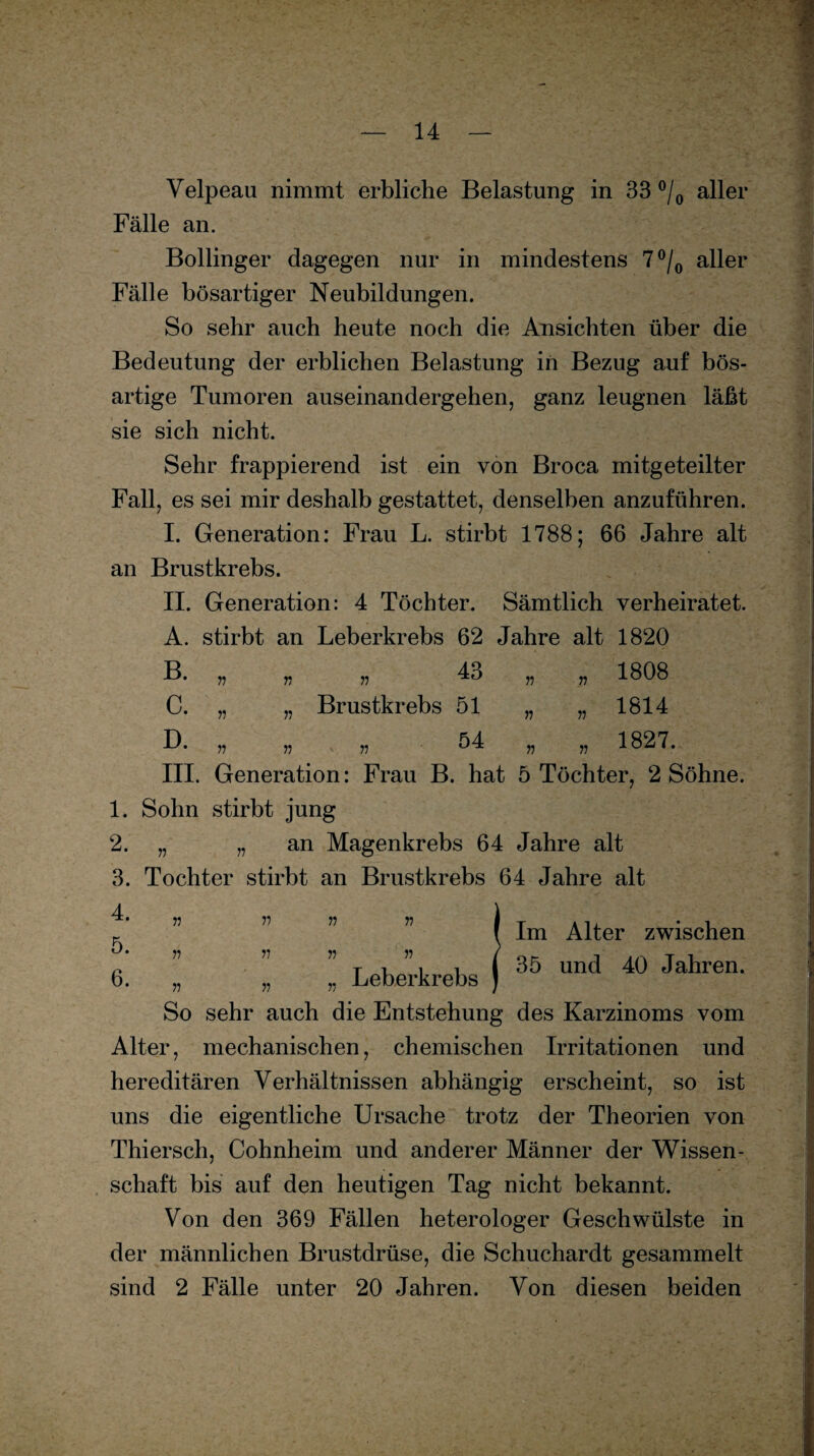 Velpeau nimmt erbliche Belastung in 33 °/0 aller Fälle an. Bollinger dagegen nur in mindestens 7°/0 aller Fälle bösartiger Neubildungen. So sehr auch heute noch die Ansichten über die Bedeutung der erblichen Belastung in Bezug auf bös¬ artige Tumoren auseinandergehen, ganz leugnen läßt sie sich nicht. Sehr frappierend ist ein von Broca mitgeteilter Fall, es sei mir deshalb gestattet, denselben anzuführen. I. Generation: Frau L. stirbt 1788; 66 Jahre alt an Brustkrebs. II. Generation: 4 Töchter. Sämtlich verheiratet. A. stirbt an Leberkrebs 62 Jahre alt 1820 B. 77 n 77 43 77 n 1808 C. 77 77 Brustkrebs 51 ii 1814 D. 77 ?7 77 54 n n 1827. Im Alter zwischen 35 und 40 Jahren. III. Generation: Frau B. hat 5 Töchter, 2 Söhne. 1. Sohn stirbt jung 2. „ „ an Magenkrebs 64 Jahre alt 3. Tochter stirbt an Brustkrebs 64 Jahre alt U n n n n V >7 77 77 6. „ „ „ Leberkrebs So sehr auch die Entstehung des Karzinoms vom Alter, mechanischen, chemischen Irritationen und hereditären Verhältnissen abhängig erscheint, so ist uns die eigentliche Ursache trotz der Theorien von Thiersch, Cohnheim und anderer Männer der Wissen¬ schaft bis auf den heutigen Tag nicht bekannt. Von den 369 Fällen heterologer Geschwülste in der männlichen Brustdrüse, die Schuchardt gesammelt sind 2 Fälle unter 20 Jahren. Von diesen beiden