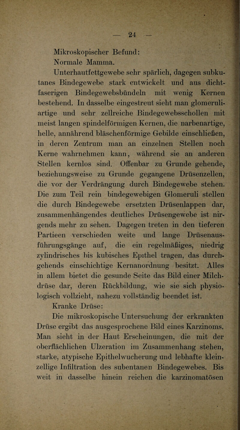 Mikroskopischer Befund: Normale Mamma. Unterhautfettgewebe sehr spärlich, dagegen subku¬ tanes Bindegewebe stark entwickelt und aus dicht¬ faserigen Bind ege websbündeln mit wenig Kernen bestehend. In dasselbe eingestreut sieht man glomeruli- artige und sehr zellreiche Bindegewebsschollen mit meist langen spindelförmigen Kernen, die narbenartige, helle, annährend bläschenförmige Gebilde ein schließen, in deren Zentrum man an einzelnen Stellen noch Kerne wahrnehmen kann, während sie an anderen Stellen kernlos sind. Offenbar zu Grunde gehende, beziehungsweise zu Grunde gegangene Drüsenzellen, die vor der Verdrängung durch Bindegewebe stehen. Die zum Teil rein bindegewebigen Glomeruli stellen die durch Bindegewebe ersetzten Drüsenlappen dar, zusammenhängendes deutliches Drüsengewebe ist nir¬ gends mehr zu sehen. Dagegen treten in den tieferen Partieen verschieden weite und lange Drüsenaus¬ führungsgänge auf, die ein regelmäßiges, niedrig- zylindrisches bis kubisches Epithel tragen, das durch¬ geh ends einschichtige Kernanordnung besitzt. Alles in allem bietet die gesunde Seite das Bild einer Milch¬ drüse dar, deren Rückbildung, wie sie sich physio¬ logisch vollzieht, nahezu vollständig beendet ist. Kranke Drüse: Die mikroskopische Untersuchung der erkrankten Drüse ergibt das ausgesprochene Bild eines Karzinoms. Man sieht in der Haut Erscheinungen, die mit der oberflächlichen Ulzeration im Zusammenhang stehen, starke, atypische Epithelwucherung und lebhafte klein¬ zellige Infiltration des subentanen Bindegewebes. Bis weit in dasselbe hinein reichen die karzinomatösen