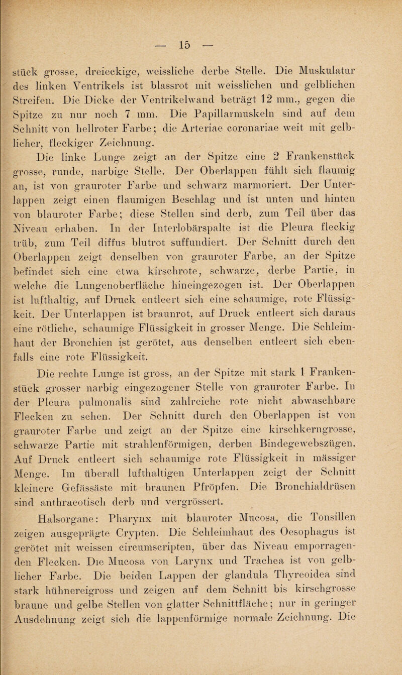 stiick grosse, dreieckige, weissliche derbe Stelle. Die Muskulatur des linken Ventrikels ist blassrot mit weisslichen und gelblichen Streifen. Die Dicke der Ventrikelwand beträgt 12 mm., gegen die Spitze zu nur noch 7 mm. Die Papillarmuskeln sind auf dem Schnitt von hellroter Farbe; die Arteriae coronariae weit mit gelb¬ licher, fleckiger Zeichnung. Die linke Lunge zeigt an der Spitze eine 2 Frankenstück grosse, runde, narbige Stelle. Der Oberlappen fühlt sich flaumig an, ist von grauroter Farbe und schwarz marmoriert. Der Unter¬ lappen zeigt einen flaumigen Beschlag und ist unten und hinten von blauroter Farbe*, diese Stellen sind derb, zum Teil über das Niveau erhaben. In der Interlobärspalte ist die Pleura fleckig trüb, zum Teil diffus blutrot suffundiert. Der Schnitt durch den Oberlappen zeigt denselben von grauroter Farbe, an der Spitze befindet sich eine etwa kirschrote, schwarze, derbe Partie, in welche die Lungenoberfläche hineingezogen ist. Der Oberlappen ist lufthaltig, auf Druck entleert sich eine schaumige, rote Flüssig¬ keit. Der Unterlappen ist braunrot, auf Druck entleert sich daraus eine rötliche, schaumige Flüssigkeit in grosser Menge. Die Schleim¬ haut der Bronchien ist gerötet, aus denselben entleert sich eben¬ falls eine rote Flüssigkeit. Die rechte Lunge ist gross, an der Spitze mit stark 1 Franken¬ stück grosser narbig eingezogener Stelle von grauroter Farbe. In der Pleura pulmonalis sind zahlreiche rote nicht abwaschbare Flecken zu sehen. Der Schnitt durch den Oberlappen ist von grauroter Farbe und zeigt an der Spitze eine kirschkerngrosse, schwarze Partie mit strahlenförmigen, derben Bindegewebszügen. Auf Druck entleert sich schaumige rote Flüssigkeit in mässiger Menge. Im überall lufthaltigen Unterlappen zeigt der Schnitt kleinere Gefässäste mit braunen Pfropfen. Die Bronchialdrüsen sind anthracotisch derb und vergrössert. Halsorgane: Pharynx mit blauroter Mucosa, die Tonsillen zeigen ausgeprägte Crypten. Die Schleimhaut des Oesophagus ist gerötet mit weissen circumscripten, über das Niveau emporragen¬ den Flecken. Die Mucosa von Larynx und Trachea ist von gelb¬ licher Farbe. Die beiden Lappen der glandula Thyreoidea sind stark hühnereigross und zeigen auf dem Schnitt bis kirschgrosse braune und gelbe Stellen von glatter Schnittfläche} nur in geringer Ausdehnung zeigt sich die lappenförmige normale Zeichnung. Die