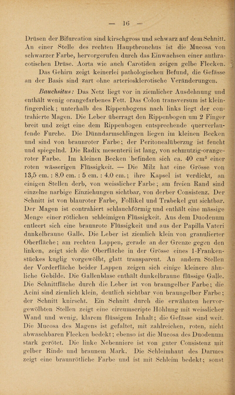 Drüsen der Bif-urcation sind kirschgross und schwarz auf dem Schnitt. An einer Stelle des rechten Hauptbronchus ist die Mucosa von schwarzer Farbe, hervorgerufen durch das Einwachsen einer anthra- cotischen Drüse. Aorta wie auch Oarotiden zeigen gelbe Flecken. Das Gehirn zeigt keinerlei pathologischen Befund, die Gefasse an der Basis sind zart ohne arteriosklerotische Veränderungen. Bciuchsitus: Das Netz liegt vor in ziemlicher Ausdehnung und enthält wenig orangefarbenes Fett. Das Colon transversum ist klein¬ fingerdick ; unterhalb des Rippenbogens nach links liegt der con- trahierte Magen. Die Leber überragt den Rippenbogen um 2 Finger breit und zeigt eine dem Rippenbogen entsprechende querverlau¬ fende Furche. Die Dünndarmschlingen liegen im kleinen Becken und sind von braunroter Farbe; der Peritonealüberzug ist feucht und spiegelnd. Die Radix mesenterii ist lang, von schmutzig-orange¬ roter Farbe. Im kleinen Becken 'befinden sich ca. 40 cm3 einer roten wässerigen Flüssigkeit. — Die Milz hat eine Grösse von 13,5 cm. : 8.0 cm. : 5 cm. : 4.0 cm.; ihre Kapsel ist verdickt, an einigen Stellen derb, von weisslicher Farbe; am freien Rand sind einzelne narbige Einziehungen sichtbar, von derber Consistenz. Der Schnitt ist von blauroter Farbe, Follikel und Trabekel gut sichtbar. Der Magen ist contrahiert schlauchförmig und enthält eine mässige Menge einer rötlichen schleimigen Flüssigkeit. Aus dem Duodenum entleert sich eine braunrote Flüssigkeit und aus der Papilla Vateri dunkelbraune Galle. Die Leber ist ziemlich klein von granulierter Oberfläche; am rechten Lappen, gerade an der Grenze gegen den linken, zeigt sich die Oberfläche in der Grösse eines 1-Franken¬ stückes kuglig vorgewölbt, glatt transparent. An andern Stellen der Vorderfläche beider Lappen zeigen sich einige kleinere ähn¬ liche Gebilde. Die Gallenblase enthält dunkelbraune flüssige Galle. Die Schnittfläche durch die Leber ist von braungelber Farbe; die Acini sind ziemlich klein, deutlich sichtbar von braungelber Farbe; der Schnitt knirscht. Ein Schnitt durch die erwähnten hervor¬ gewölbten Stellen zeigt eine circumscripte Höhlung mit weisslicher Wand und wenig, klarem flüssigem Inhalt; die Gefässe sincfweit. Die Mucosa des Magens ist gefaltet, mit zahlreichen, roten, nicht abwaschbaren Flecken bedekt; ebenso ist die Mucosa des Duodenum stark gerötet. Die linke Nebenniere ist von guter Consistenz mit gelber Rinde und braunem Mark. Die Schleimhaut des Darmes zeigt eine braunrötliche Farbe und ist mit Schleim bedekt ; sonst