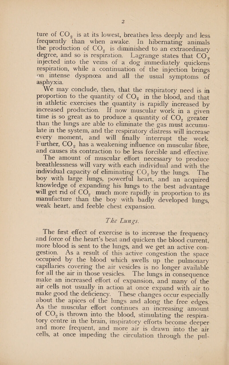 ture of C02 is at its lowest, breathes less deeply and less frequently than when awake. In hibernating animals the production of C02 is diminished to an extraordinary degree, and so is respiration. Lagrange states that C02 injected into the veins of a dog immediately quickens respiration, while a continuation of the injection brings on intense dyspnoea and all the usual symptoms of asphyxia. We may conclude, then, that the respiratory need is in proportion to the quantity of C02 in the blood, and that in athletic exercises the quantity is rapidly increased by increased production. If now muscular work in a given time is so great as to produce a quantity of C09 greater than the lungs are able to eliminate the gas must accumu¬ late in the system, and the respiratory distress will increase every moment, and will finally interrupt the work. Further, C02 has a weakening influence on muscular fibre, and causes its contraction to be less forcible and effective. The amount of muscular effort necessary to produce breathlessness will vary with each individual and with the individual capacity of eliminating C02 by the lungs. The boy with large lungs, powerful heart, and an acquired knowledge of expanding his lungs to the best advantage will get rid of C02 much more rapidly in proportion to its manufacture than the boy with badly developed lungs, weak heart, and feeble chest expansion. The Tungs. The first effect of exercise is to increase the frequency and force of the heart’s beat and quicken the blood current, more blood is sent to the lungs, and we get an active con¬ gestion. As a result of this active congestion the space occupied by the blood which swells up the pulmonary capillaries covering the air vesicles is no longer available for all the air in those vesicles. The lungs in consequence make an increased effort of expansion, and many of the air cells not usually in action at once expand with air to make good the deficiency. These changes occur especially about the apices of the lungs and along the free edges. As the muscular effort continues an increasing amount of C02 is thrown into the blood, stimulating the respira¬ tory centre m the brain, inspiratory efforts become deeper and more frequent, and more air is drawn into the air cells, at once impeding the circulation through the pul-