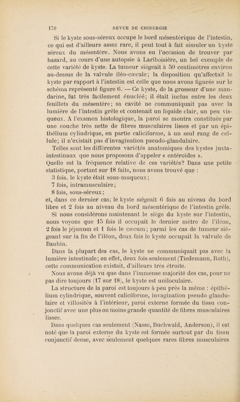 Si le kyste sous-séreux occupe le bord mésentérique de l’intestin, ce qui est d’ailleurs assez rare, il peut tout à fait simuler un kyste séreux du mésentère. Nous avons eu l’occasion de trouver par hasard, au cours d’une autopsie à Lariboisière, un bel exemple de cette variété de kyste. La tumeur siégeait à 50 centimètres environ au-dessus de la valvule iléo-cæcale; la disposition qu’affectait le kyste par rapport à l’intestin est celle que nous avons figurée sur le schéma représenté figure 6. — Ce kyste, de la grosseur d’une man¬ darine, fut très facilement énucléé; il était inclus entre les deux feuillets du mésentère; sa cavité ne communiquait pas avec la lumière de l’intestin grêle et contenait un liquide clair, un peu vis¬ queux. A l’examen histologique, la paroi se montra constituée par une couche très nette de fibres musculaires lisses et par un épi¬ thélium cylindrique, en partie caliciforme, à un seul rang de cel¬ lule; il n’existait pas d’invagination pseudo-glandulaire. Telles sont les différentes variétés anatomiques des kystes juxta- intestinaux que nous proposons d’appeler ce entéroïdes ». Quelle est la fréquence relative de ces variétés? Dans une petite statistique, portant sur 18 faits, nous avons trouvé que : 3 fois, le kyste était sous-muqueux; 7 fois, intramusculaire; 8 fois, sous-séreux ; et, dans ce dernier cas; le kyste siégeait 6 fois au niveau du bord libre et 2 fois au niveau du bord mésentérique de l’intestin grêle. Si nous considérons maintenant le siège du kyste sur l’intestin, nous voyons que 15 fois il occupait le dernier mètre de l’iléon, 2 fois le jéjunum et 1 fois le cæcum; parmi les cas de tumeur sié¬ geant sur la fin de l’iléon, deux fois le kyste occupait la valvule de Bauhin. Dans la plupart des cas, le kyste ne communiquait pas avec la lumière intestinale; en effet, deux fois seulement (Tiedemann, Roth), cette communication existait, d’ailleurs très étroite. Nous avons déjà vu que dans l’immense majorité des cas, pour ne pas dire toujours (17 sur 18), le kyste est uniloculaire. La structure de la paroi est toujours à peu près la même : épithé¬ lium cylindrique, souvent caliciforme, invagination pseudo-glandu¬ laire et villosités à l’intérieur, paroi externe formée du tissu con¬ jonctif avec une plus ou moins grande quantité défibrés musculaires lisses. Dans quelques cas seulement (Nasse, Buchwald, Anderson), il est noté que la paroi externe du kyste est formée surtout par du tissu â- conjonctif dense, avec seulement quelques rares fibres musculaires
