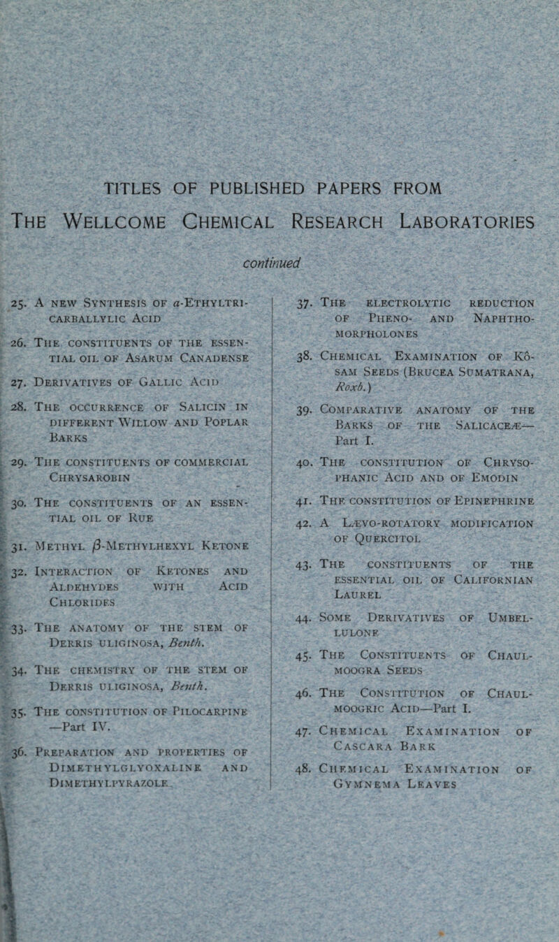 TITLES OF PUBLISHED PAPERS FROM The Wellcome Chemical Research Laboratories continued 25. A new Synthesis of a-ETHYLTRi- CARBALLYLIC ACID 26. The constituents of the essen¬ tial oil of Asarum Canadense 27. Derivatives of Gallic Acid 28. The occurrence of Salicin in different Willow and Poplar Barks 29. The constituents of commercial Chrysarobin 30. The constituents of an essen¬ tial oil of Rue 31. Methyl /3-Methylhexyl Ketone 32. Interaction of Ketones and Aldehydes with Acid Chlorides 33. The anatomy of the stem of Derris uliginosa, Benth. 34. The chemistry of the stem of Derris uliginosa, Benth. 3S- The constitution of Pilocarpine —Part IV. 36. Preparation and properties of Dimethylglyoxaline and Dimethylpyrazole. 37. The electrolytic reduction of Pheno- and Naphtho- morpholones 38. Chemical Examination of K6- sam Seeds (Brucea Sumatrana, Roxb.) 39. Comparative anatomy of the Barks of the Salicace^e— Part I. 40. The constitution of Chryso- phanic Acid and of Emodin 41. The constitution of Epinephrine 42. A L.t:vo-rotatory modification of Quercitol 43. The constituents of the essential oil of Californian Laurel 44. Some Derivatives of Umbel- lulone 45. The Constituents of Chaul- moogra Seeds 46. The Constitution of Chaul- moogric Acid—Part I. 47. Chemical Examination of Cascara Bark 48. Chemical Examination of Gymnema Leaves