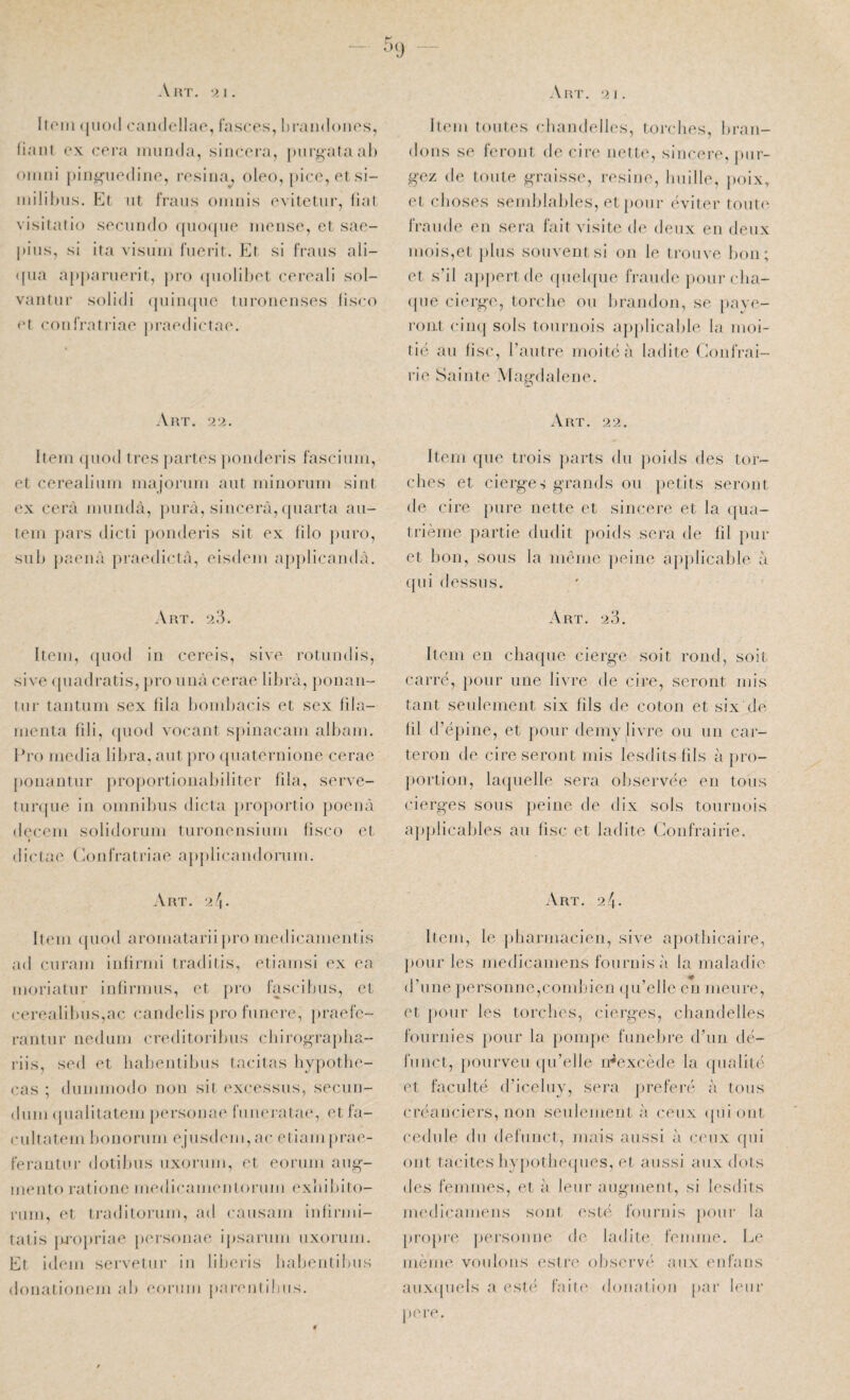 Art. oi. Art. I. llRiii (|U()(1 ('audellao, fascos, hrandonos, liani ex cera inunda, sincera, jiurgala ah oRini j)iRi^iiedine, l’osina, oleo, pice, et si- ndliltus. Kt nt fraus oninis evilctiir, liai visitatio secundo ([uo(jue iiiense, et sae- |)ius, si ita visiini l’iierit. Et si IVaus ali- ([iia aj»j)anierit, jiro (jiiolihet cereali sol- vantur solidi (juiu(|uo tiirouenses (isco et couIVatriae j)raedictae. Art. ‘29.. Item quod très })artes }»oiideris rasciiim, et cerealium majorum aut minorum sint ex cerà miindà, piirà, sincerà, quarta aii- tein pars dicti ponderis sit ex filo })iiro, sulj paenâ praedictà, eisdein applicandà. Art. 2.3. Item, ({iiod in cereis, sive rotuiidis, sive rpiadratis, pro im.à cerae lihrà, })onaii- tnr tantum sex fila bomljacis et sex fda- menta fili, tpiod vocant s}»inacam alham. Ero media lihra, aut pro ({uaternione cerae ponantur projtortionahiliter fila, serve- tnnjiie in omnihiis dicta proportio poenà dçceui solidorum turonensium fisco et dictae (ionlVatriae a})plicaudorum. Art. 2^\. Item f[Uod aromatarii j)ro medicamentis ad curam infirmi traditis, etiamsi ex ea moriatur inlirnms, et ])ro fascihus, et cerealil)us,ac caudelis pro lunere, })rael‘e- rantur nedum creditorihus chirographa- riis, sed et hahentihus tacitas hvpothe- cas ; dummodo iioii sit (‘xcessus, secun- diiui (jualitatem personne l’uueratae, et f'a- rultatem honorum ejusdem, ac eliam prae- ferantur dotihiis uxorum, et eorum aug- mento ratione medicamenloriim exiiihilo- riim, et Iraditorum, ad causam iulirnu- tatis jU'Opriae personae ipsarum uxorum. Et idem servelur iu liheris liahenti!>us domationejii ah eorum pareniihiis. Item toutes (diandelles, toi-ches, hraii- dons se l'erout de cire nette, sincere, pur¬ gez de toute graisse, résine, huille, j)oix, et (dmses semhlahles, et pour (Hâter tout(‘ IVaude eu sera l'ait visite de deux en deux mois,et plus souvent si on le trouve hon; et s’il appert de <piel([ue fraude poui'clia- (pie cierge, torche ou hrandon, se pave- roiU ciiu| sols tournois applicable la moi¬ tié au lise, l’autre moite à ladite Eoufrai- rie Sainte Magdalene. Art. 22. Item que trois parts du poids des tor¬ ches et cierges grands ou petits seront de cire pure nette et sincere et la qua- tri(3me }jartie dudit poids sera de fil }»ur et hon, sous la même peine aj)plicahle à cpii dessus. Art. 23. Item en chacjue cierge soit rond, soit carré, pour une livre de cire, seront mis tant seulement six fils de coton et six de fil d’épine, et })our demy livre ou un car- teron de cire seront mis lesditsfils à pro- }tortion, laijiielle sera observée en tous (âerges sous peine de dix sols tournois apjdicahles au lise et ladite Eonfrairie. Art. 24. Item, le pharmacien, sive apothicaire, pour les medicamens fournis à la maladie d’une jiersonne,combien ({u’elle eu meure, et pour les torches, cierges, diandelles fournies pour la poni])e funelire d’un dé- funct, pourveii qu’elle n^excède la cpialité et faculté d’iceluy, sera jireferé à tous créanciers, non seulement à ceux ([ui ont cedule du defiinct, mais aussi à ceux qui ont tacites hypotiieipies, et aussi aux dots des femmes, et à leur augment, si lesdits medicamens sont esté fournis pour la [tropre persouue de ladite femme. L(‘ même votdous estre ohserv('‘ aux eid'ans aux(piels a est(* fait(‘ donaliou [tar hmr pere.