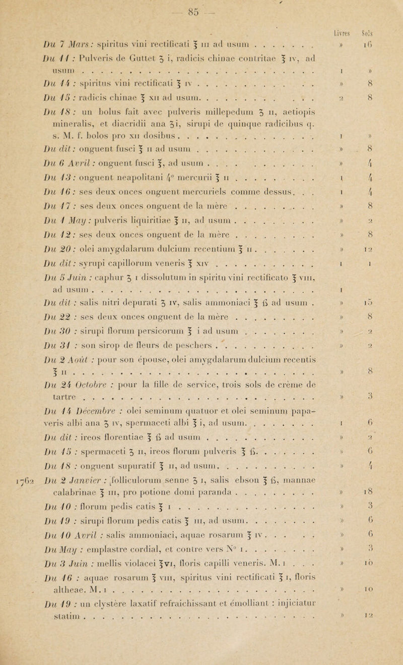 Du 7 Mars: s})irilus viiii rectificati ^ ni ad tisiiin. Du I / Pulvcris (le Giitlet 5 radieis chiiiae coiilritao ^ n', ad iisinn.. Du i 'i : s})inlus vini rectificali | iv. Du la : radieis cldiiae | xii ad iisuiii. Du IS : uii holus l'ait avec jadveris inillejieduni 5 n, aeti(»{)is niiiieralis, et diacridii aua oi? siriipi de ({iiiii<{ue radicilms ([. s. M. 1'. bolos })ro xii dosibus.. Du dit: onguent i'usci | ii ad nsuni.. Du () Avril : onguent fnsci ad usnm.. . Du 13: onguent neapolitani /g’ inerciirii f ii. Du 1C) : ses deux onces onguent mercuriels comme dessus. . . Du 17 : ses deux onces onguent de la mère . ... Du / May : pulveris liqniritiae | ii, ad usnm .. Du 12: ses deux onces onguent de la mère.. Du 20 : olei amygdalarnm dulcinm recentimn | ii .. Du dit: syrupi capillornm veneris | xiv. Du 5 Juin : cajdinr 5 i dissolutiim in spiritu vini rectilicato | viii, ad usnm.. l)u dit : salis nitri depnrati 5 l'b salis ammoniaci | l5 ad usnm . Du 22 : ses deux onces onguent de la mère. Du 30 : sirupi florum persicorum | i ad usnm.. Du 31 : son sirop de Heurs de jieschers . . Du 2 Août : pour son épouse, olei amygdalarnm dulcium recentis ! n. Du 2J Octobre : pour la bile de service, trois sols de crème de tartre . .. Du I i Décembre : olei seminum (piatuor et olei seminmn papa- veris albi ana 5 ng spermaceti albi ^ i, ad usum.. Du dit : ireos Horentiae | fi ad usum .. l)u 15 : spermaceti 5 n, ireos florum pulveris f fi. Du : onguent snpuratif f ii, ad usum.. . i-()2 Jju 2 Janvier : ^folliculornm senne 5 fi salis ebsou | fi, mannae calabrinae f iii, pro jiotione domi }jaranda. Du iO : florum jiedis catis | i.. lJu 19 : sirupi florum pedis catis | 111, ad usum. Du 40 Avril : salis ammoniaci, aipiae rosarum f iv. Du May : emplastre cordial, et contre vers N'M. Du 3 Juin : mellis violacei |vfi floris capilli veneris. M. 1 . . . ])u 10 : a({nae rosarum f viii, sjiiritus vini rectificati ^ i, floris altbeae. M.i.. . . Du 19 : un clystère laxatif refraiebissant et émolliant : injiciatur stalim .. .ivres )) 1 fl ti 1 fl » 1 I » » » » I I fl » fl » I » » » » » » » fl fl Sols 1 (’) » 8 8 » 8 8 2 8 12 1 IO 8 2 2 8 •> O G 2 G 18 3 G G *> O 1 O 1 O 1 2