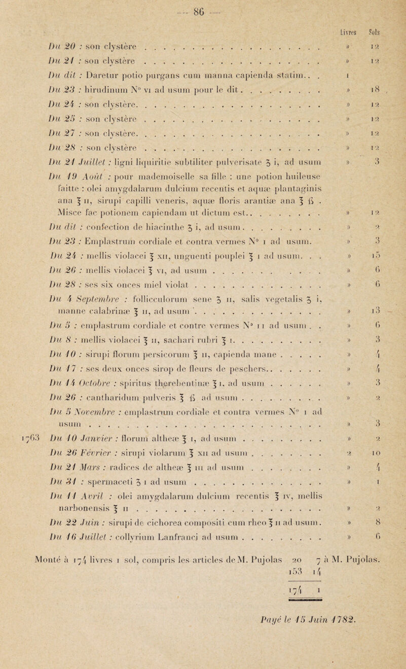 Livres J)H 20 : son clystère . » Du 2! : son clystère. » Du dit : Daretur potio piirgans cum inanna capienda statini.. . i Du 23 : hiriidinum N'’ vi ad nsurn pour le dit. Du 2i : son clystère.. » Du 25 : son clystère. » Du 27 : son clystère. . .. » Du 28 : son clystère .. » Du 21 Juillet : ligni liqniritie subtiliter {rulverisate 5 6 usuni )) 4 Du 19 Août ; pour mademoiselle sa fille : une potion huileuse faitte : olei amygdalarum dulcium recentis et aquæ plantaginis ana | ii, sirupi capilli veneris, aquæ floris arantiæ ana ^ IS • Misce fac potionem capiendam ut dictum est. » Du dit : confection de hiacinthe 5 6 a<l usum. » Du 23 : E mplastrum cordiale et contra vernies N° i ad usum. » Du 2^ : mellis violacei | xii, unguenti pouplei | i ad usum. . . » Du 26 : mellis violacei | vi, ad usum. » Du 28 : ses six onces miel violât. » Du 4 Septembre : follicculorum sene 5 lE salis vegetalis 5 6 manne calabrinæ | ii, ad usum .. >> Du 5 : em})Iastrum cordiale et contre vernies ii ad usum . . y) Du 8 : mellis violacei ^ n, sacliari rubri | i. » Du '10 : sirupi florum persicorum | ii, capienda mane. » Du ‘17 : ses deux onces sirop de Heurs de pescliers. » Du IA Octobre : spiritus tlierebentinæ ^i. ad usum ...... » Du 26 : cantharidum pulveris | E ad usum. » Du 5 Novembre : emplastrum cordiale et contra venues N i ad usum.. ... » 03 Du 70 Janvier : florum altlieæ | i, ad usum. » Du 26 Février : sirupi violarum f xii ad usum .. o. Du 21 Mars : radices de altheæ | ui ad usum. » Du 31 : spermaceti 5 i ad usum. » Du 11 Avril : olei amygdalarum dulcium recentis f iv, mellis narbonensis | ii. » Du 22 Juin : sirupi de cichorea conqiositi cum rlieo f ii ad usum. y) Du collyrium Lanfrancj ad usum ......... » Jols 1 '2 1 2 i8 J 2 1 2 1 y I 2 3 I 2 2 •) a 15 G G i3 () 3 3 3 10 I 8 (') Monté à i-^/i livres i sol, coiiqu'is les articles deM. Piijolas 20 ^ à M. Pujolas. i53 i4 Payé le 15 Juin 1782.