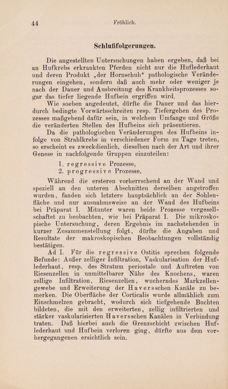 Schlußfolgerungen. Die angestellten Untersuchungen haben ergeben, daß bei an Hufkrebs erkrankten Pferden nicht nur die Huflederbaut und deren Produkt „der Hornschuh“ pathologische Verände¬ rungen eingehen, sondern daß auch mehr oder weniger je nach der Dauer und Ausbreitung des Krankheitsprozesses so¬ gar das tiefer liegende Hufbein ergriffen wird. Wie soeben angedeutet, dürfte die Dauer und das hier¬ durch bedingte Vorwärtsschreiten resp. Tiefergehen des Pro¬ zesses maßgebend dafür sein, in welchem Umfange und Größe die veränderten Stellen des Hufbeins sich präsentieren. Da die pathologischen Veränderungen des Hufbeins in¬ folge von Strahlkrebs in verschiedener Form zu Tage treten, so erscheint es zweckdienlich, dieselben nach der Art und ihrer Genese in nachfolgende Gruppen einzuteilen: 1. regressive Prozesse, 2. progressive Prozesse. Während die ersteren vorherrschend an der Wand und speziell an den unteren Abschnitten derselben angetroffen wurden, fanden sich letztere hauptsächlich an der Sohlen¬ fläche und nur ausnahmsweise an der Wand des Hufbeins bei Präparat I. Mitunter waren beide Prozesse vergesell¬ schaftet zu beobachten, wie bei Präparat I. Die mikrosko¬ pische Untersuchung, deren Ergebnis im nachstehenden in kurzer Zusammenstellung folgt, dürfte die Angaben und Resultate der makroskopischen Beobachtungen vollständig bestätigen. Ad I. Für die regressive Ostitis sprechen folgende Befunde: Außer zelliger Infiltration, Vaskularisation der Huf¬ lederhaut, resp. des Stratum periostale und Auftreten von Riesenzellen in unmittelbarer Nähe des Knochens, waren zellige Infiltration, Riesenzelien, wucherndes Markzellen¬ gewebe und Erweiterung der Haversschen Kanäle zu be¬ merken. Die Oberfläche der Corticalis wurde allmählich zum Einschmelzen gebracht, wodurch sich tiefgehende Buchten bildeten, die mit den erweiterten, zellig infiltrierten und stärker vaskularisierten Haverssehen Kanälen in Verbindung traten. Daß hierbei auch die Grenzschicht zwischen Huf¬ lederhaut und Hufbein verloren ging, dürfte aus dem vor¬ hergegangenen ersichtlich sein.