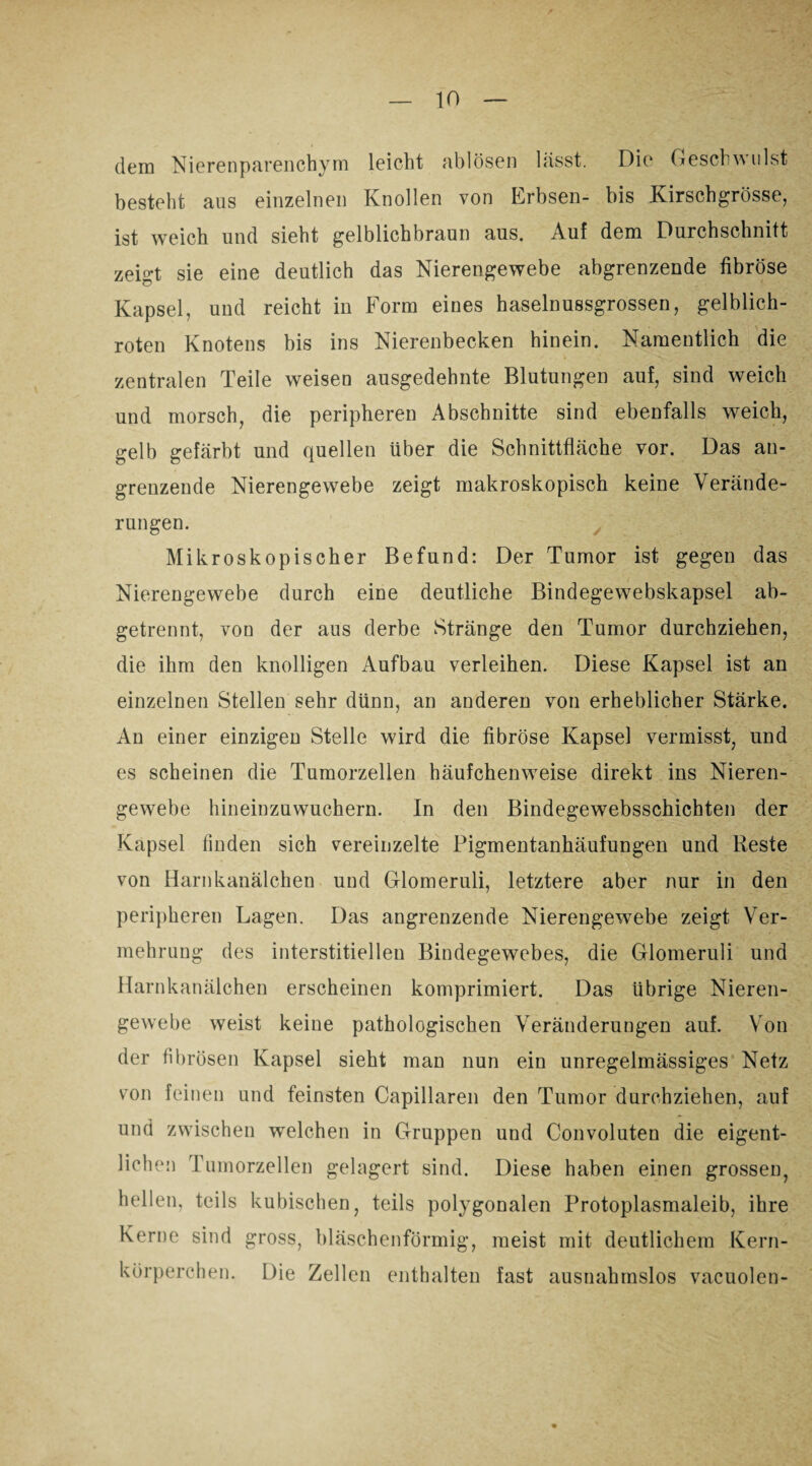 dem Nierenparenchym leicht ablösen lässt. Die Geschwulst besteht aus einzelnen Knollen von Erbsen- bis Kirschgrösse, ist weich und sieht gelblichbraun aus. Auf dem Durchschnitt zeigt sie eine deutlich das Nierengewebe abgrenzende fibröse Kapsel, und reicht in Form eines haselnussgrossen, gelblich¬ roten Knotens bis ins Nierenbecken hinein. Namentlich die zentralen Teile weisen ausgedehnte Blutungen auf, sind weich und morsch, die peripheren Abschnitte sind ebenfalls weich, gelb gefärbt und quellen über die Schnittfläche vor. Das an¬ grenzende Nierengewebe zeigt makroskopisch keine Verände¬ rungen. Mikroskopischer Befund: Der Tumor ist gegen das Nierengewebe durch eine deutliche Bindegewebskapsel ab¬ getrennt, von der aus derbe Stränge den Tumor durchziehen, die ihm den knolligen Aufbau verleihen. Diese Kapsel ist an einzelnen Stellen sehr dünn, an anderen von erheblicher Stärke. An einer einzigen Stelle wird die fibröse Kapsel vermisst; und es scheinen die Tumorzellen häufchenweise direkt ins Nieren¬ gewebe hineinzuwuchern. In den Bindegewebsschichten der Kapsel finden sich vereinzelte Pigmentanhäufungen und Reste von Harnkanälchen und Glomeruli, letztere aber nur in den peripheren Lagen. Das angrenzende Nierengewebe zeigt Ver¬ mehrung des interstitiellen Bindegewebes, die Glomeruli und Harnk anälchen erscheinen komprimiert. Das übrige Nieren¬ gewebe weist keine pathologischen Veränderungen auf. Von der fibrösen Kapsel sieht man nun ein unregelmässiges Netz von feinen und feinsten Capillaren den Tumor durchziehen, auf und zwischen welchen in Gruppen und Convoluten die eigent¬ lichen Fumorzellen gelagert sind. Diese haben einen grossen, hellen, teils kubischen, teils polygonalen Protoplasmaleib, ihre Kerne sind gross, bläschenförmig, meist mit deutlichem Kern¬ körperchen. Die Zellen enthalten fast ausnahmslos vacuolen-