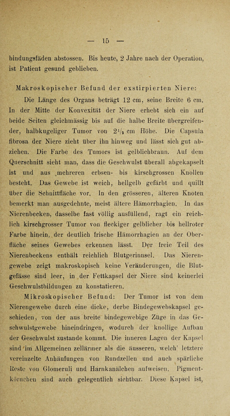 bindungsfäden abstossen. Bis heute, 2 Jahre nach der Operation, ist Patient gesund geblieben. Makroskopischer Befund der exstirpierten Niere: Die Länge des Organs beträgt 12 cm, seine Breite 6 cm. In der Mitte der Konvexität der Niere erhebt sich ein auf beide Seiten gleichmässig bis auf die halbe Breite übergreifen¬ der, halbkugeliger Tumor vou 21/a cm Höhe. Die Capsula fibrosa der Niere zieht über ihn hinweg und lässt sich gut ab- ziehen. Die Farbe des Tumors ist gelblichbraun. Auf dem Querschnitt sieht man, dass die Geschwulst überall abgekapselt ist und aus mehreren erbsen- bis kirschgrossen Knollen besteht. Das Gewebe ist weich, hellgelb gefärbt und quillt über die Schnittfläche vor. In den grössereu, älteren Knoten bemerkt man ausgedehnte, meist ältere Hämorrhagien. In das Nierenbecken, dasselbe fast völlig ausfüllend, ragt ein reich¬ lich kirschgrosser Tumor von fleckiger gelblicher bis hellroter Farbe hinein, der deutlich frische Hämorrhagien an der Ober¬ fläche seines Gewebes erkennen lässt. Der freie Teil des Nierenbeckens enthält reichlich Blutgerinnsel. Das Nieren¬ gewebe zeigt makroskopisch keine Veränderungen, die Blut¬ gefässe sind leer, in der Fettkapsel der Niere sind keinerlei Geschwulstbildungen zu konstatieren. Mikroskopischer Befund: Der Tumor ist von dem Nierengewebe durch eine dicke, derbe Bindegewebskapsel ge¬ schieden, von der aus breite bindegewebige Züge in das Ge¬ schwulstgewebe hineindringen, wodurch der knollige Aufbau der Geschwulst zustande kommt. Die inneren Lagen der Kapsel sind im Allgemeinen zellärmer als die äusseren, welch’ letztere vereinzelte Anhäufungen von Rundzellen und auch spärliche Reste von Glomeruli und Harnkanälchen aufweisen. Pigment¬ körnchen sind auch gelegentlich sichtbar. Diese Kapsel ist,