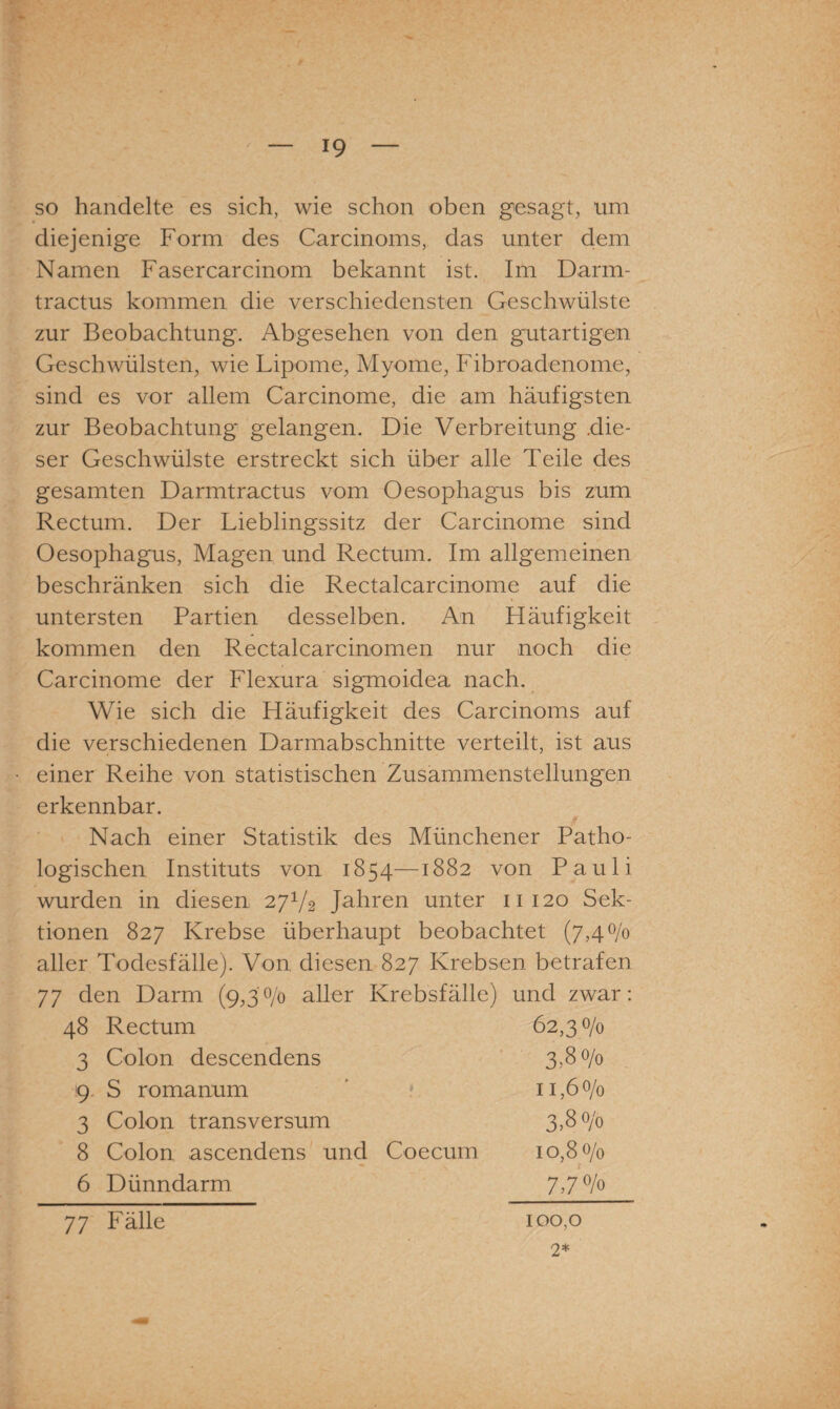 so handelte es sich, wie schon oben gesagt, um diejenige Form des Carcinoms, das unter dem Namen Fasercarcinom bekannt ist. Im Darm- tractus kommen die verschiedensten Geschwülste zur Beobachtung. Abgesehen von den gutartigen Geschwülsten, wie Lipome, Myome, Fibroadenome, sind es vor allem Carcinome, die am häufigsten zur Beobachtung gelangen. Die Verbreitung .die¬ ser Geschwülste erstreckt sich über alle Teile des gesamten Darmtractus vom Oesophagus bis zum Rectum. Der Lieblingssitz der Carcinome sind Oesophagus, Magen und Rectum. Im allgemeinen beschränken sich die Rectalcarcinome auf die untersten Partien desselben. An Häufigkeit kommen den Rectalcarcinomen nur noch die Carcinome der Flexura sigmoidea nach. Wie sich die Häufigkeit des Carcinoms auf die verschiedenen Darmabschnitte verteilt, ist aus einer Reihe von statistischen Zusammenstellungen erkennbar. t Nach einer Statistik des Münchener Patho¬ logischen Instituts von 1854—1882 von Pauli wurden in diesen 27V2 Jahren unter 11120 Sek¬ tionen 827 Krebse überhaupt beobachtet (7,4% aller Todesfälle). Von diesen 827 Krebsen betrafen 77 den Darm (9,30/0 aller Krebsfälle) und zwar: 48 Rectum 62,3 0/0 3 Colon descendens 3.8% 9 S romanum 11,6 0/0 3 Colon transversum 3.8% 8 Colon ascendens und Coecum 10,80/0 6 Dünndarm 7.7% 77 Fälle 100,0 2*