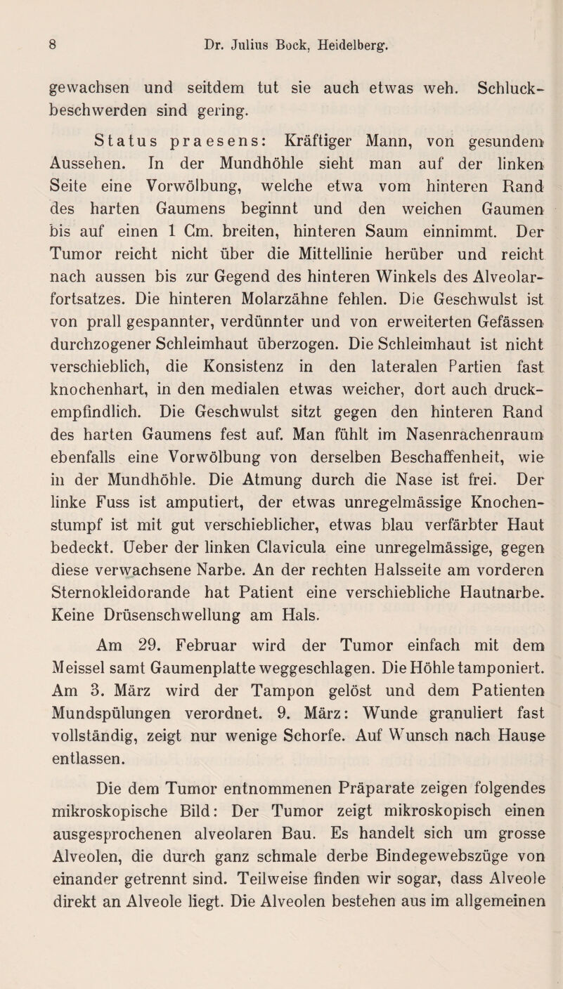 gewachsen und seitdem tut sie auch etwas weh. Schluck¬ beschwerden sind gering. Status praesens: Kräftiger Mann, von gesundem Aussehen. In der Mundhöhle sieht man auf der linken Seite eine Vorwölbung, welche etwa vom hinteren Rand des harten Gaumens beginnt und den weichen Gaumen bis auf einen 1 Gm. breiten, hinteren Saum einnimmt. Der Tumor reicht nicht über die Mittellinie herüber und reicht nach aussen bis zur Gegend des hinteren Winkels des Alveolar¬ fortsatzes. Die hinteren Molarzähne fehlen. Die Geschwulst ist von prall gespannter, verdünnter und von erweiterten Gefässen durchzogener Schleimhaut überzogen. Die Schleimhaut ist nicht verschieblich, die Konsistenz in den lateralen Partien fast knochenhart, in den medialen etwas weicher, dort auch druck¬ empfindlich. Die Geschwulst sitzt gegen den hinteren Rand des harten Gaumens fest auf. Man fühlt im Nasenrachenraum ebenfalls eine Vor Wölbung von derselben Beschaffenheit, wie in der Mundhöhle. Die Atmung durch die Nase ist frei. Der linke Fuss ist amputiert, der etwas unregelmässige Knochen¬ stumpf ist mit gut verschieblicher, etwas blau verfärbter Haut bedeckt. Ueber der linken Glavicula eine unregelmässige, gegen diese verwachsene Narbe. An der rechten Halsseite am vorderen Sternokleidorande hat Patient eine verschiebliche Hautnarbe. Keine Drüsenschwellung am Hals. Am 29. Februar wird der Tumor einfach mit dem Meissei samt Gaumenplatte weggeschlagen. Die Höhle tamponiert. Am 3. März wird der Tampon gelöst und dem Patienten Mundspülungen verordnet. 9. März: Wunde granuliert fast vollständig, zeigt nur wenige Schorfe. Auf Wunsch nach Hause entlassen. Die dem Tumor entnommenen Präparate zeigen folgendes mikroskopische Bild: Der Tumor zeigt mikroskopisch einen ausgesprochenen alveolaren Bau. Es handelt sich um grosse Alveolen, die durch ganz schmale derbe Bindegewebszüge von einander getrennt sind. Teilweise finden wir sogar, dass Alveole direkt an Alveole liegt. Die Alveolen bestehen aus im allgemeinen