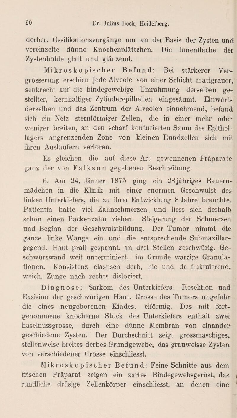 derber. Ossifikationsvorgänge nur an der Basis der Zysten und vereinzelte dünne Knochenplättchen. Die Innenfläche der Zystenhöhle glatt und glänzend. Mikroskopischer Befund: Bei stärkerer Ver- grösserung erschien jede Alveole von einer Schicht mattgrauer, senkrecht auf die bindegewebige Umrahmung derselben ge¬ stellter, kernhaltiger Zylinderepithelien eingesäumt. Einwärts derselben und das Zentrum der Alveolen einnehmend, befand sich ein Netz sternförmiger Zellen, die in einer mehr oder weniger breiten, an den scharf konturierten Saum des Epithel¬ lagers angrenzenden Zone von kleinen Rundzellen sich mit ihren Ausläufern verloren. Es gleichen die auf diese Art gewonnenen Präparate ganz der von Falkson gegebenen Beschreibung. 6. Am 24, Jänner 1875 ging ein 28jähriges Bauern¬ mädchen in die Klinik mit einer enormen Geschwulst des linken Unterkiefers, die zu ihrer Entwicklung 8 Jahre brauchte. Patientin hatte viel Zahnschmerzen und liess sich deshalb schon einen Backenzahn ziehen. Steigerung der Schmerzen und Beginn der Geschwulstbildung. Der Tumor nimmt die ganze linke Wange ein und die entsprechende Submaxillar- gegend. Haut prall gespannt, an drei Stellen geschwürig, Ge¬ schwürswand weit unterminiert, im Grunde warzige Granula¬ tionen. Konsistenz elastisch derb, hie und da fluktuierend, weich. Zunge nach rechts disloziert. Diagnose: Sarkom des Unterkiefers. Resektion und Exzision der geschwürigen Haut. Grösse des Tumors ungefähr die eines neugeborenen Kindes, eiförmig. Das mit fort¬ genommene knöcherne Stück des Unterkiefers enthält zwei haselnussgrosse, durch eine dünne Membran von einander geschiedene Zysten. Der Durchschnitt zeigt grossmaschiges, stellenweise breites derbes Grundgewebe, das grauweisse Zysten von verschiedener Grösse einschliesst. Mikroskopischer Befund: Feine Schnitte aus dem frischen Präparat zeigen ein zartes Bindegewebsgerüst, das rundliche drüsige Zellenkörper einschliesst, an denen eine